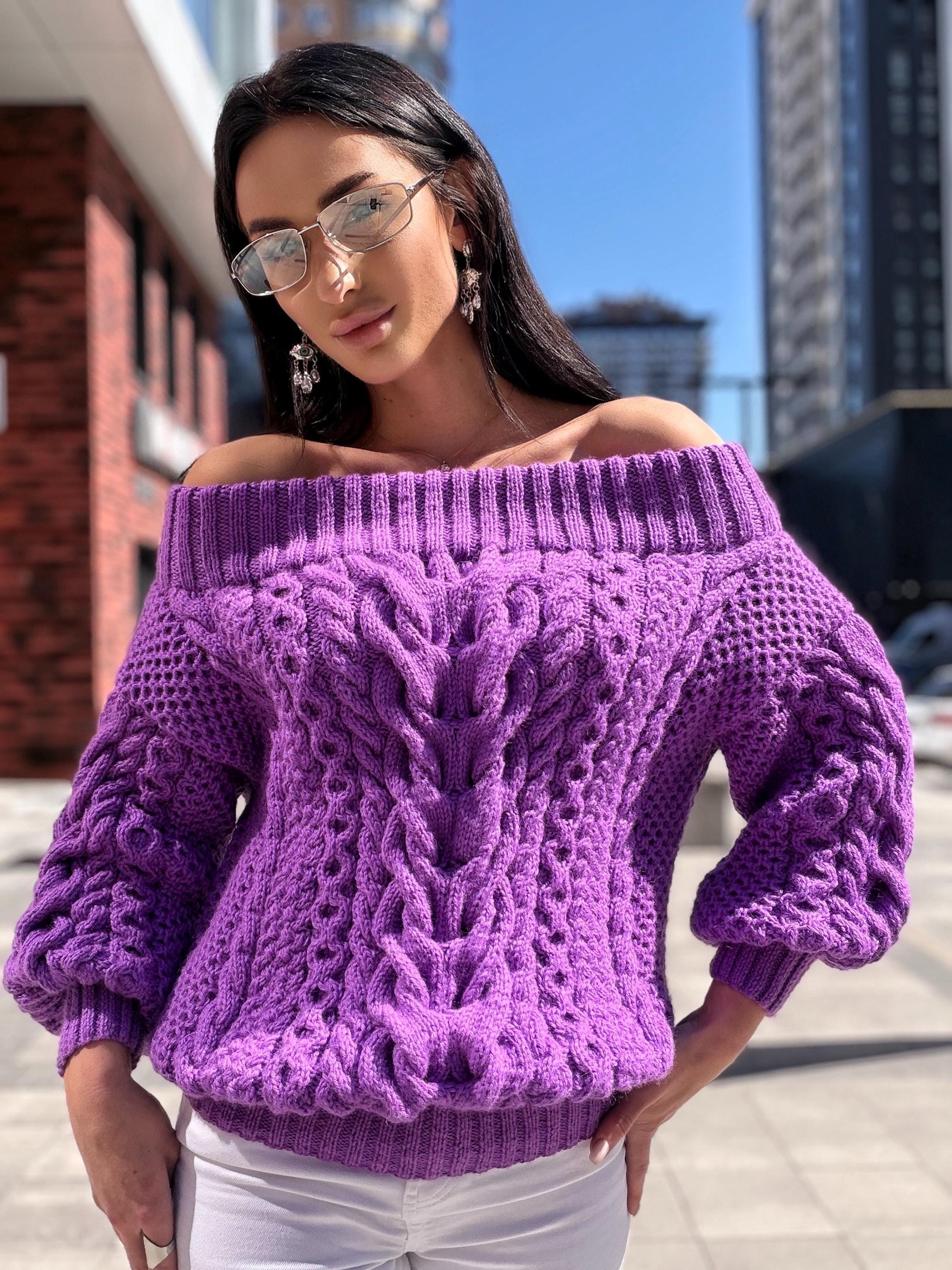 Hand knit violet wool cotton off shoulders sweater Lavender knitted pullover Purple Oversized sweater Cable knit Chunky Loose knit sweater