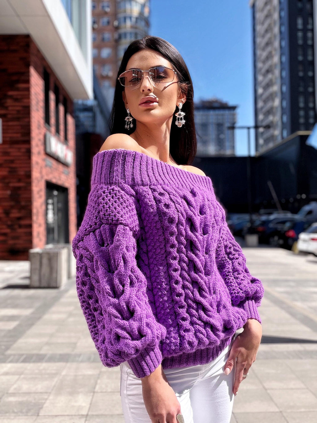 Hand knit violet wool cotton off shoulders sweater Lavender knitted pullover Purple Oversized sweater Cable knit Chunky Loose knit sweater