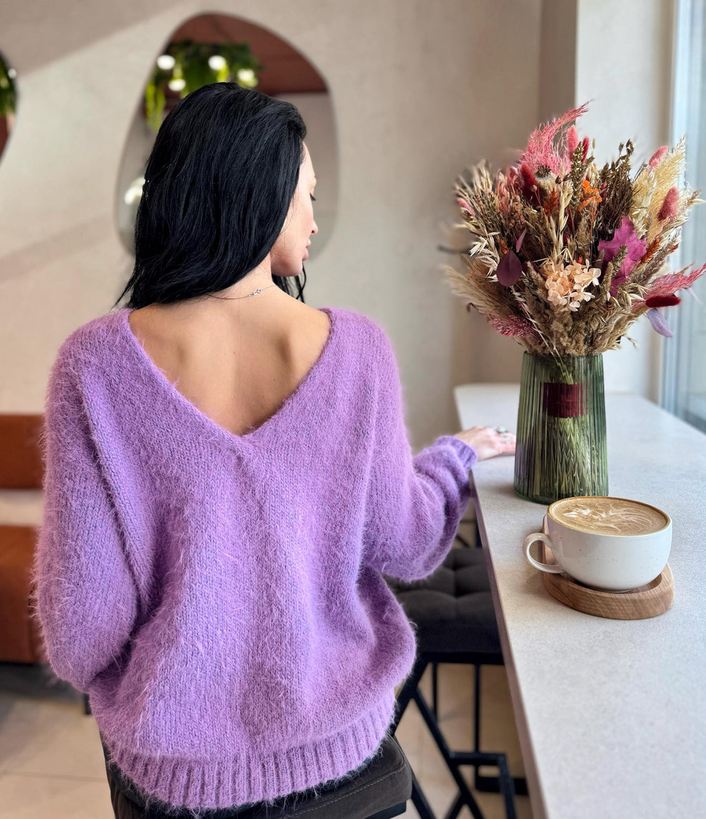 Lilac soft fluffy hand knit V collar open back merino blend sweater For sensitive skin pullover Body friendly Open back Deep V neckline