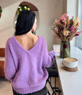 Lilac soft fluffy hand knit V collar open back merino blend sweater For sensitive skin pullover Body friendly Open back Deep V neckline