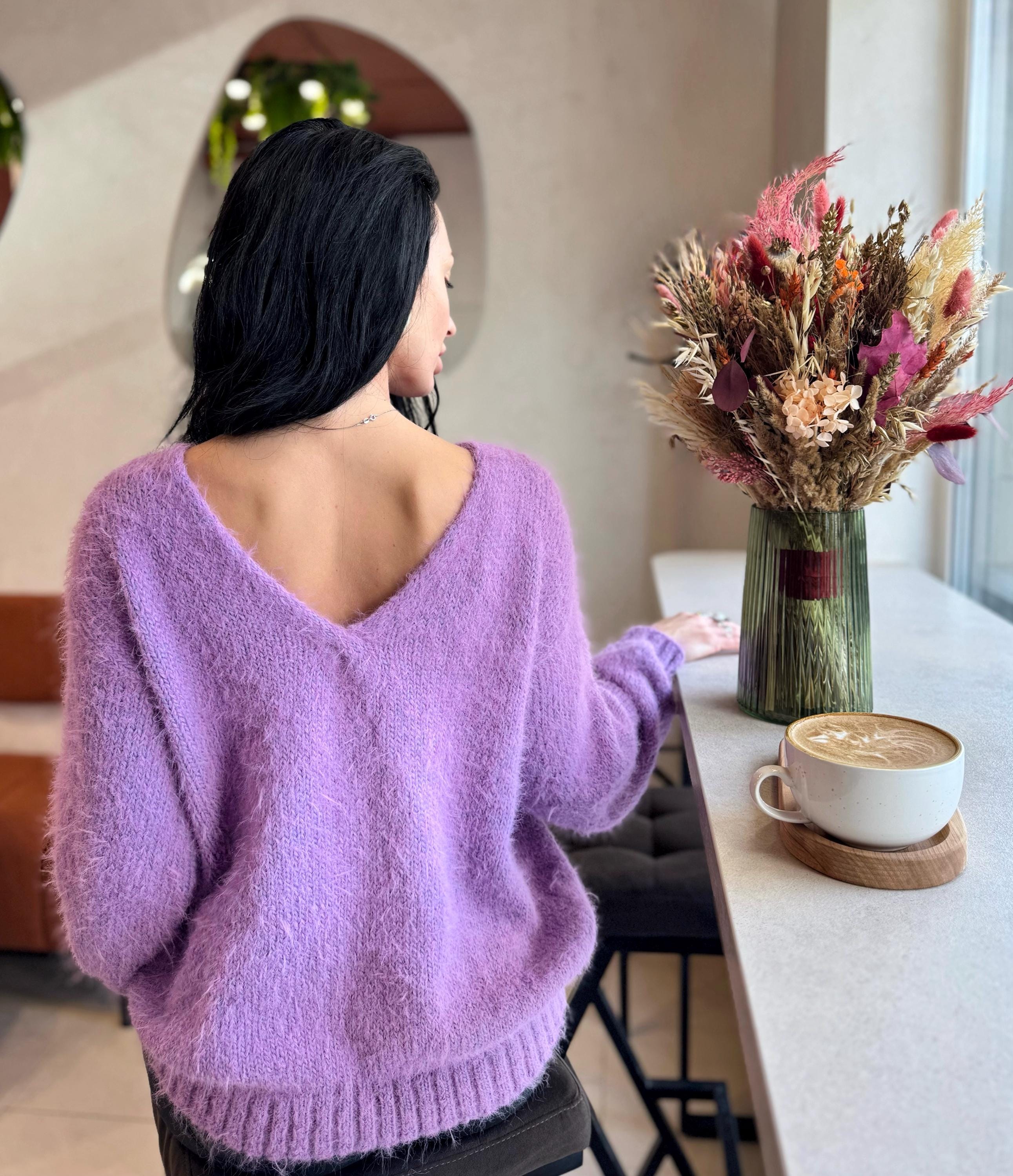 Lilac soft fluffy hand knit V collar open back merino blend sweater For sensitive skin pullover Body friendly Open back Deep V neckline