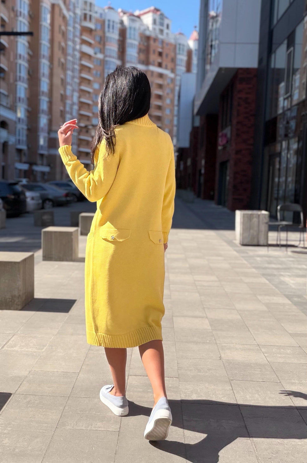 Hand knit Yellow midi wool knit large cardigan - turtleneck on buttons Cocoon knit midi V-neck high collar coat hand knit cardigan womens