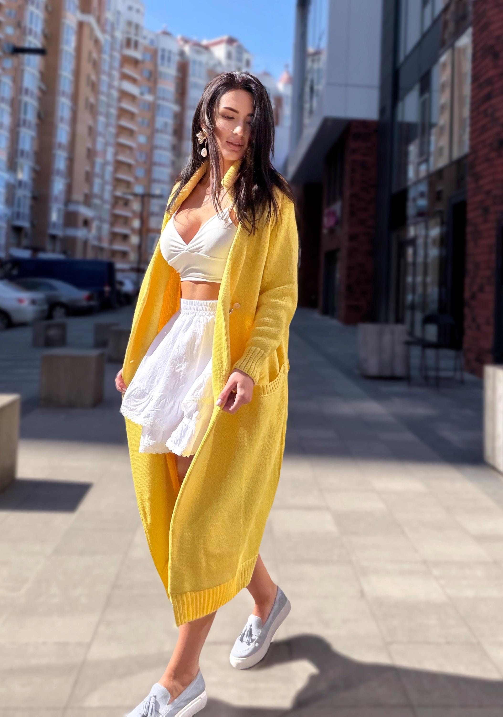Hand knit Yellow midi wool knit large cardigan - turtleneck on buttons Cocoon knit midi V-neck high collar coat hand knit cardigan womens