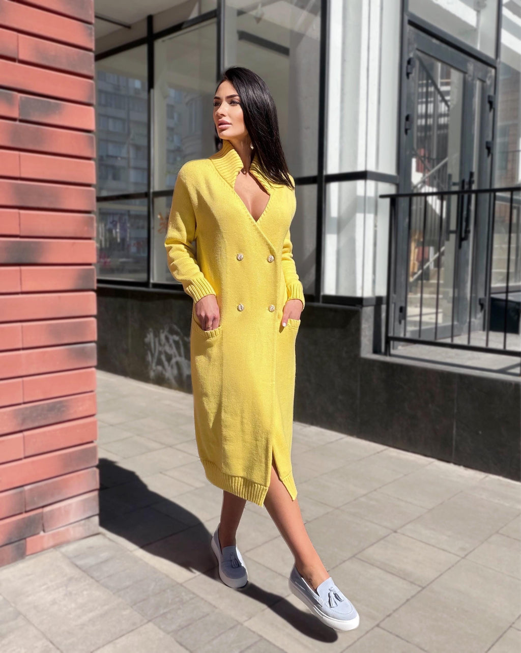 Hand knit Yellow midi wool knit large cardigan - turtleneck on buttons Cocoon knit midi V-neck high collar coat hand knit cardigan womens