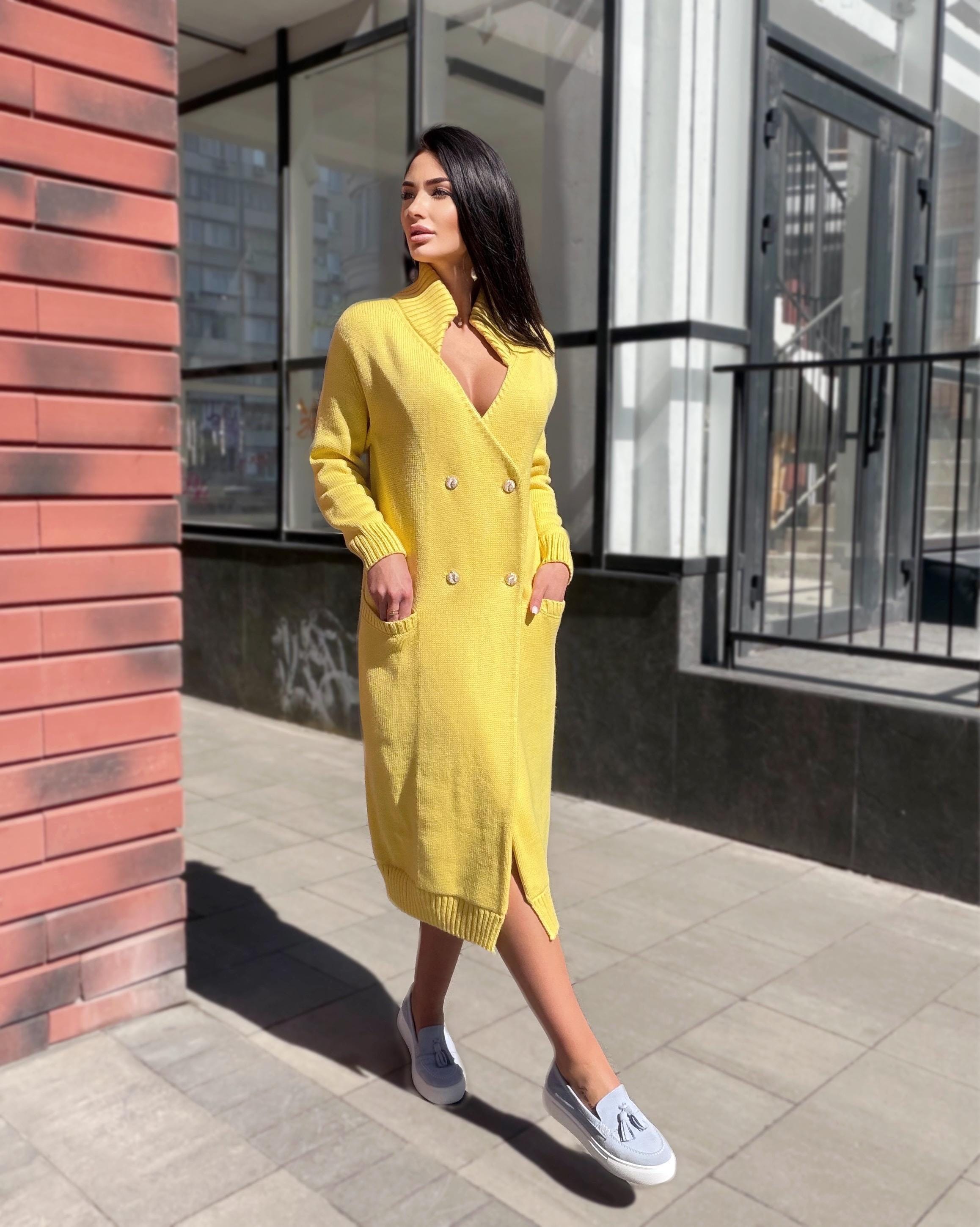 Hand knit Yellow midi wool knit large cardigan - turtleneck on buttons Cocoon knit midi V-neck high collar coat hand knit cardigan womens