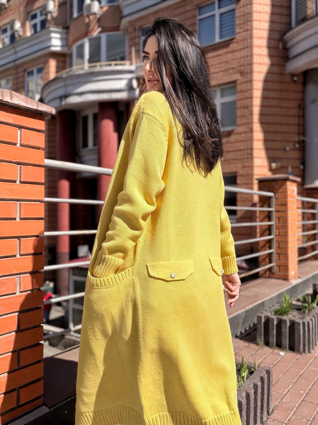 Yellow Sunny midi knit large wool cardigan on buttons Cocoon knit midi V-neck high collar coat hand knit cardigan womens