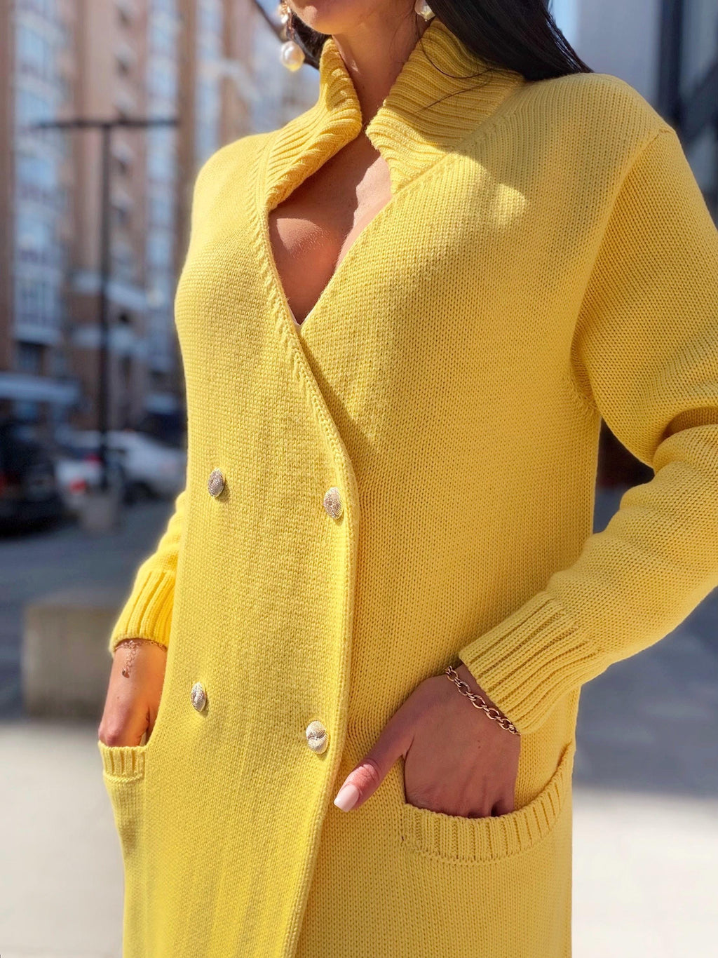 Yellow Sunny midi knit large wool cardigan on buttons Cocoon knit midi V-neck high collar coat hand knit cardigan womens
