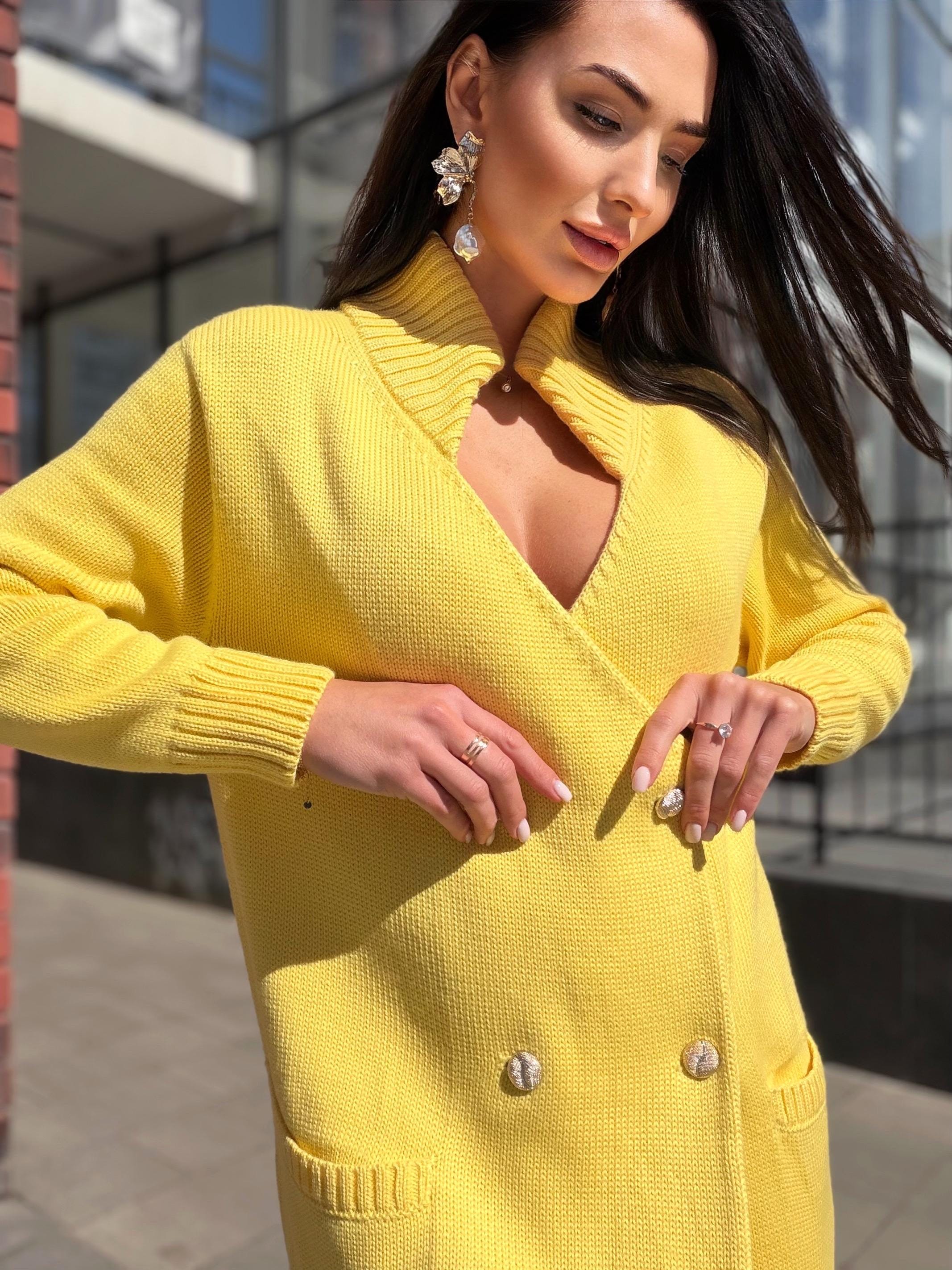 Hand knit Yellow midi wool knit large cardigan - turtleneck on buttons Cocoon knit midi V-neck high collar coat hand knit cardigan womens