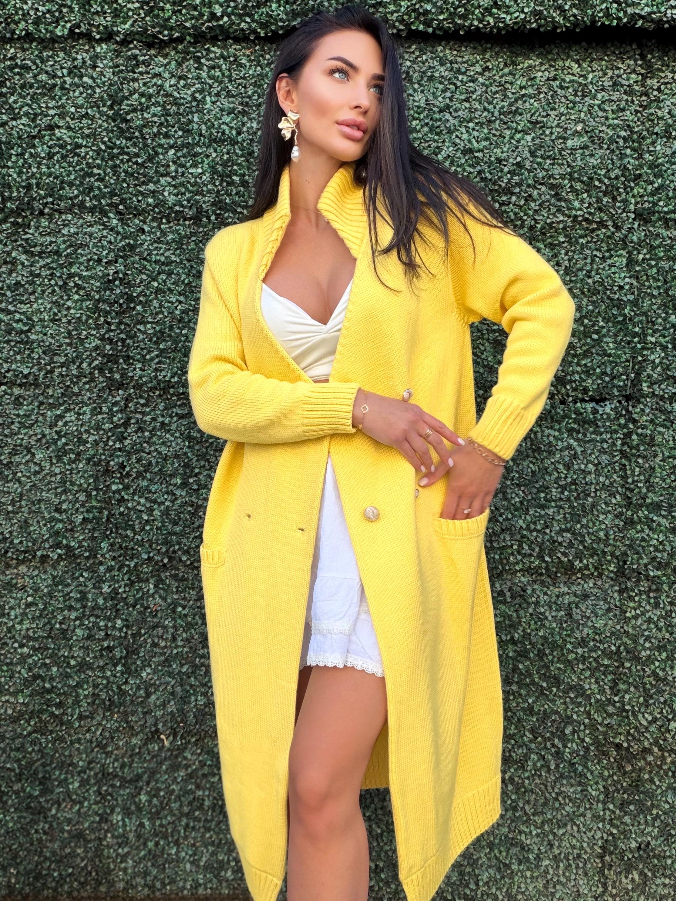 Yellow Sunny midi knit large wool cardigan on buttons Cocoon knit midi V-neck high collar coat hand knit cardigan womens