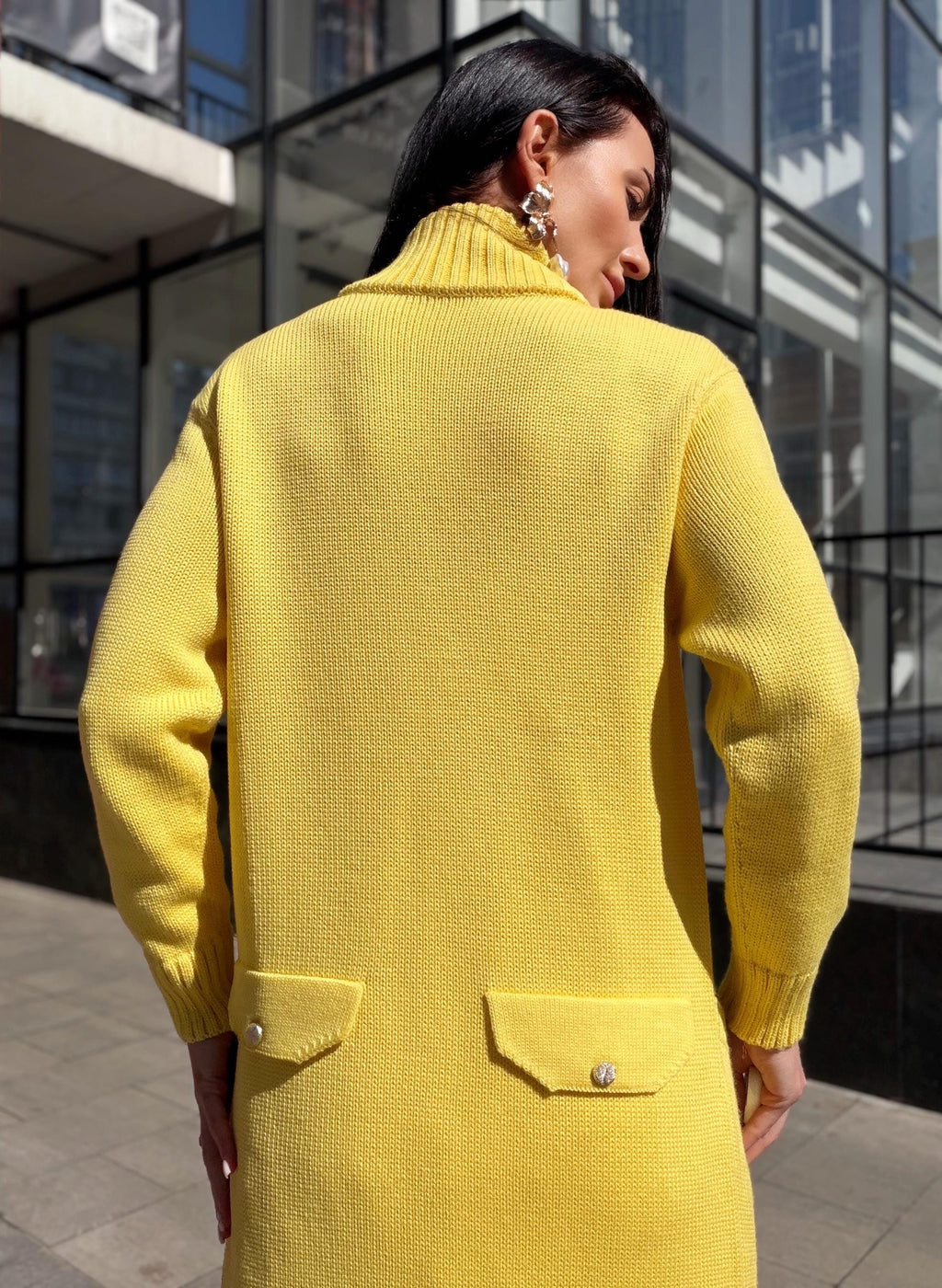 Yellow Sunny midi knit large wool cardigan on buttons Cocoon knit midi V-neck high collar coat hand knit cardigan womens