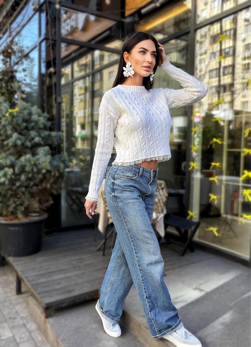 Knit cropped white milk sweater - top with slit on the back & delicate lace Cable knit wool spring pullover Oversize crop Cream Ivory