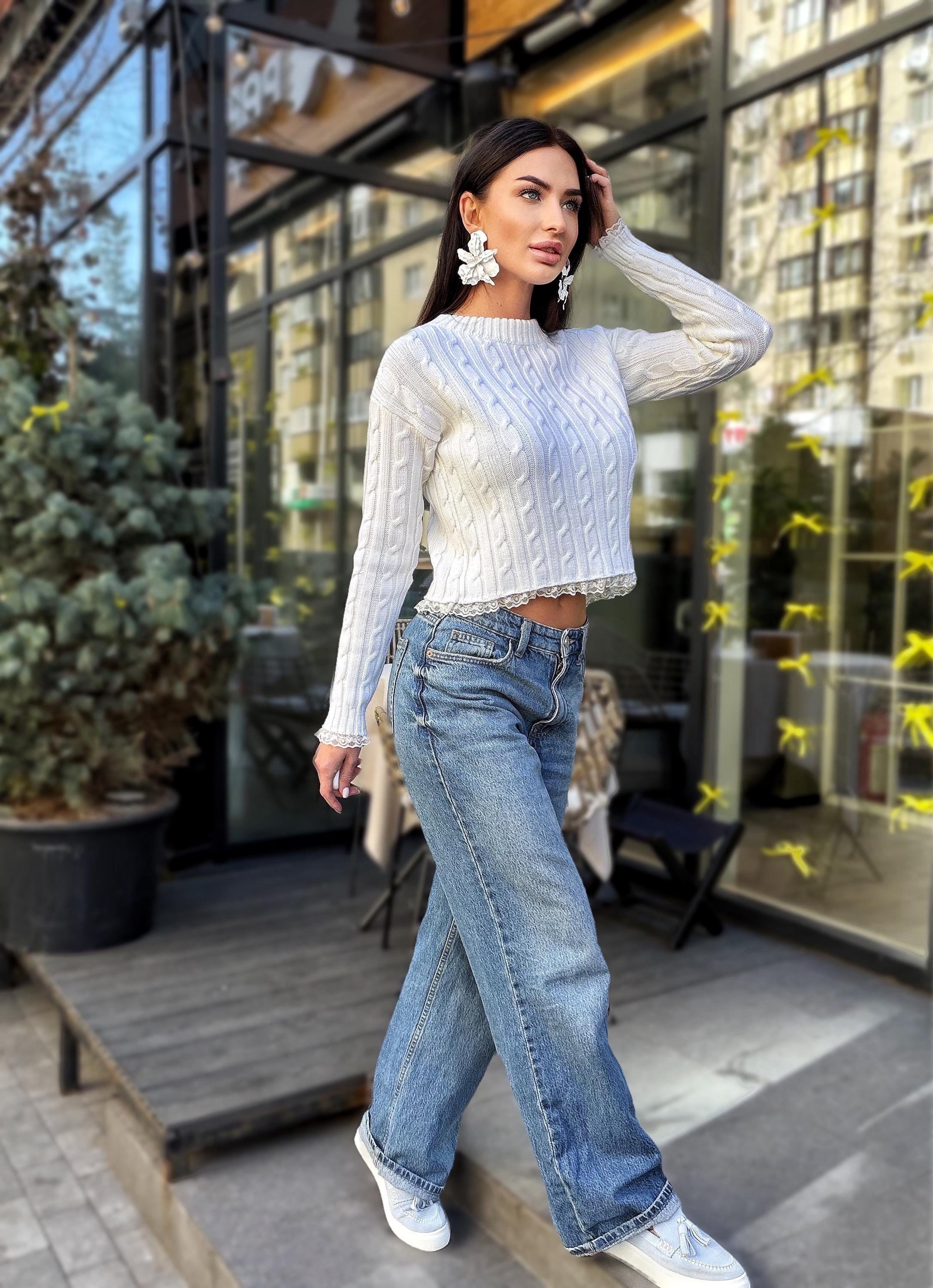 Knit cropped white milk sweater - top with slit on the back & delicate lace Cable knit wool spring pullover Oversize crop Cream Ivory
