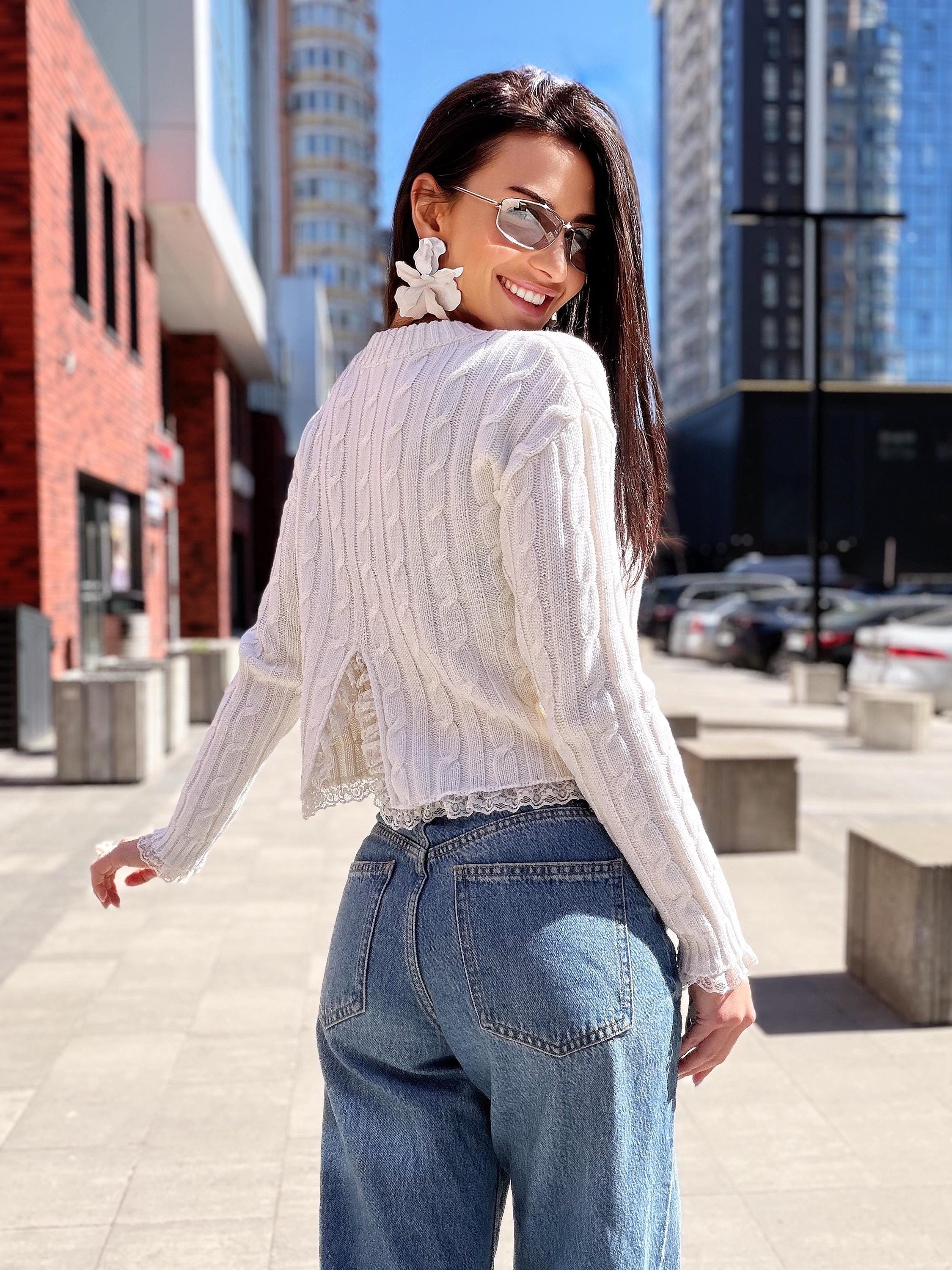 Knit cropped white milk sweater - top with slit on the back & delicate lace Cable knit wool spring pullover Oversize crop Cream Ivory