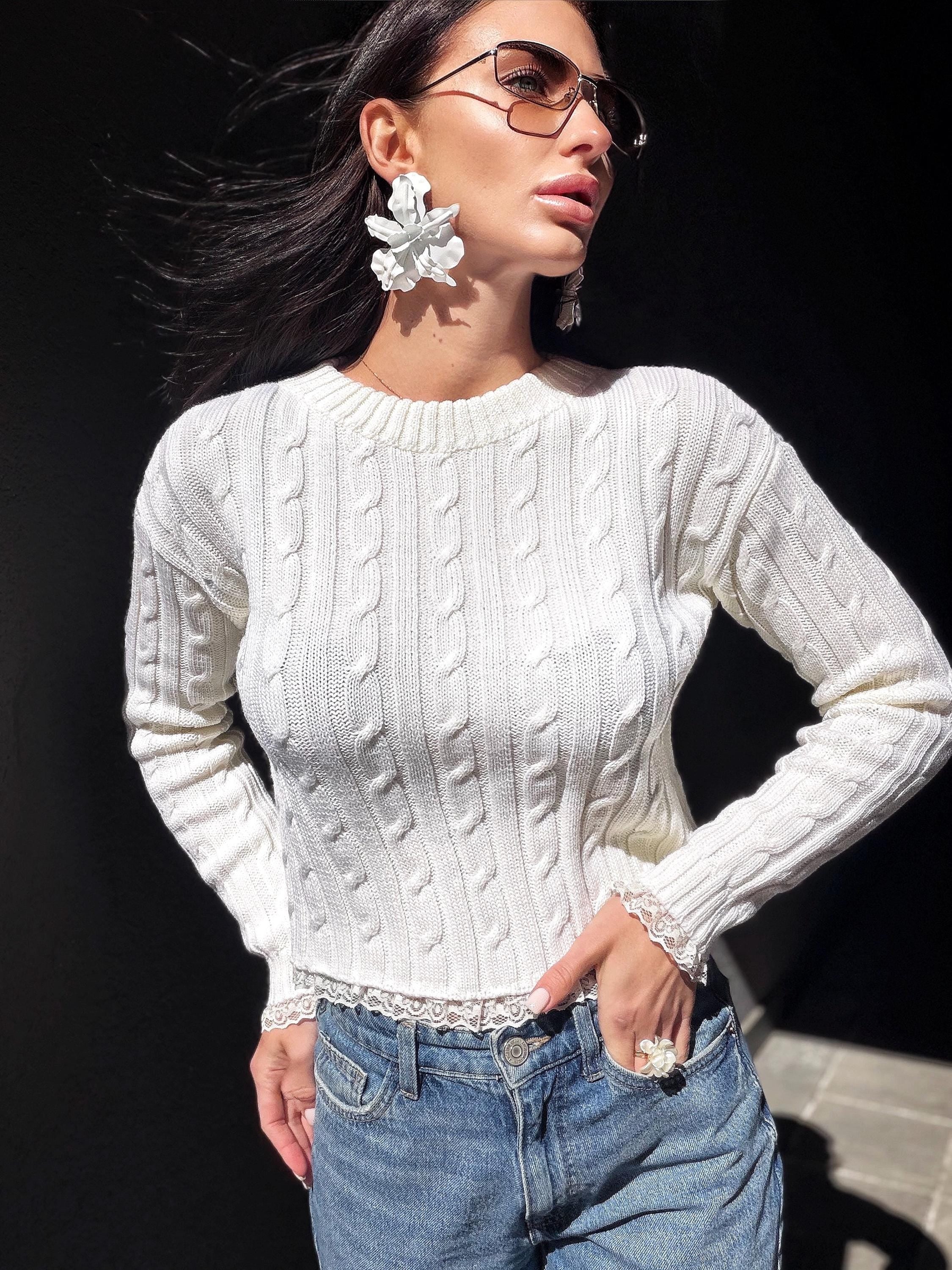 Knit cropped white milk sweater - top with slit on the back & delicate lace Cable knit wool spring pullover Oversize crop Cream Ivory
