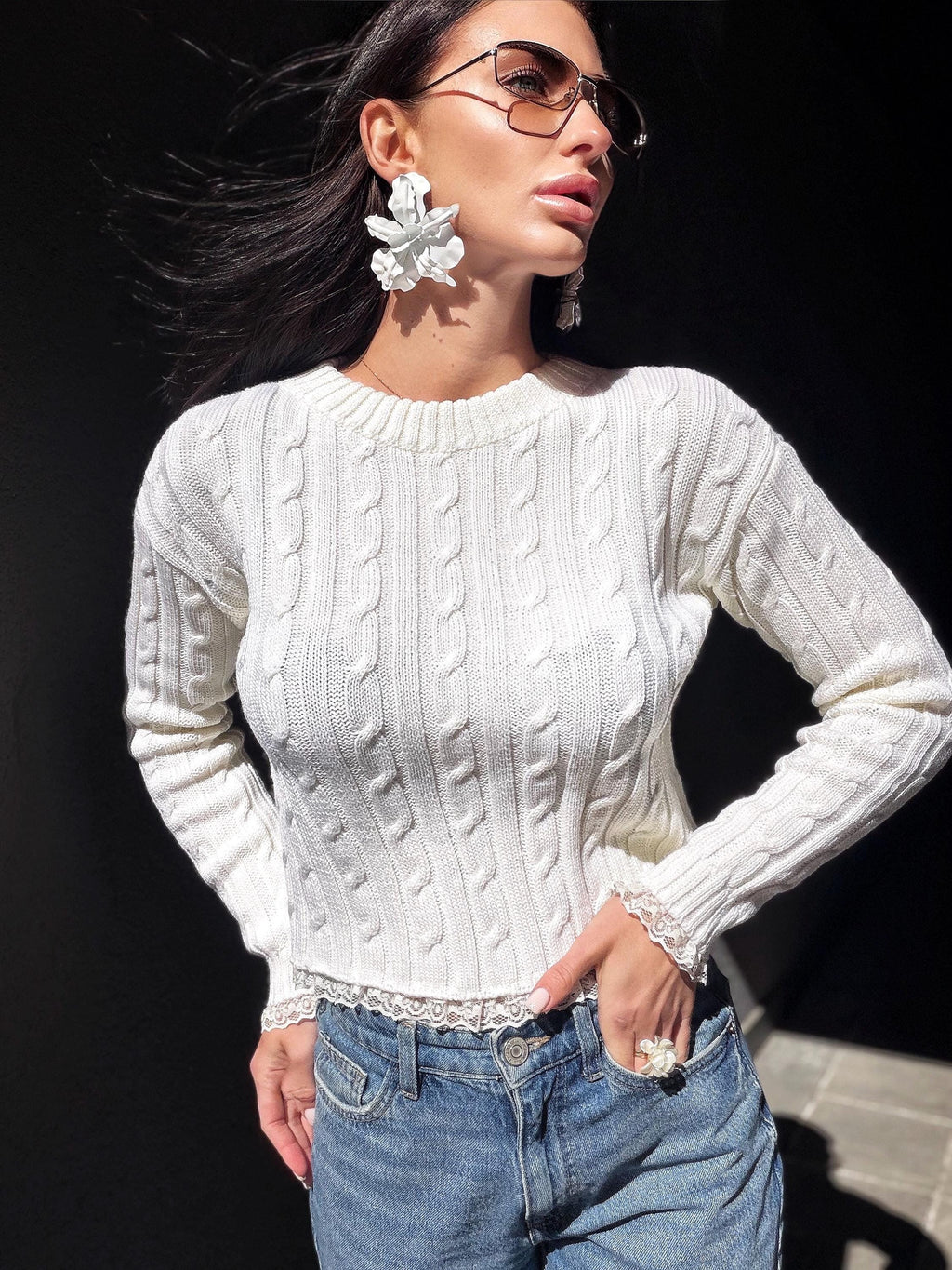 Knit cropped white milk sweater - top with slit on the back & delicate lace Cable knit wool spring pullover Oversize crop Cream Ivory
