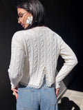 Knit cropped white milk sweater - top with slit on the back & delicate lace Cable knit wool spring pullover Oversize crop Cream Ivory