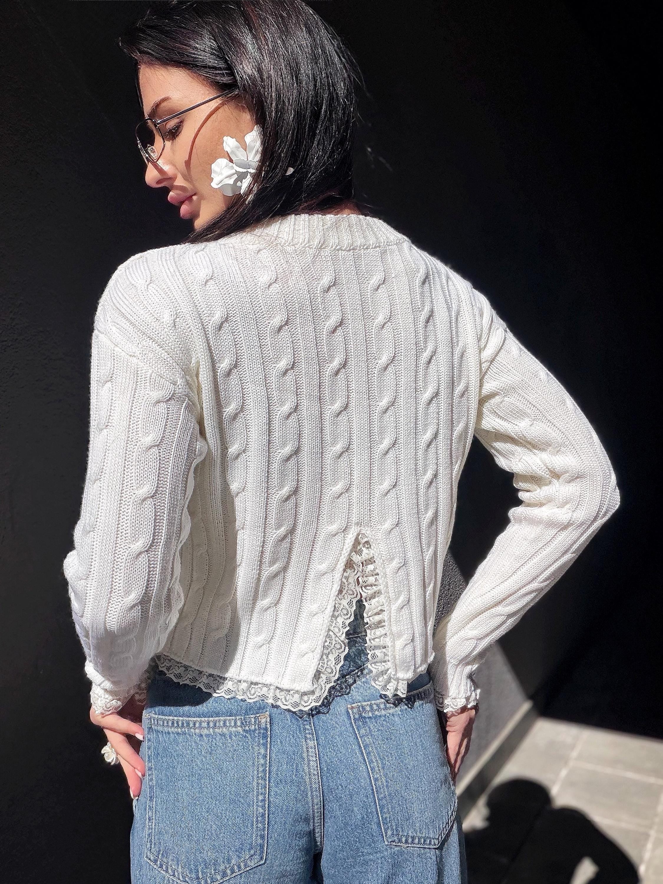 Knit cropped white milk sweater - top with slit on the back & delicate lace Cable knit wool spring pullover Oversize crop Cream Ivory