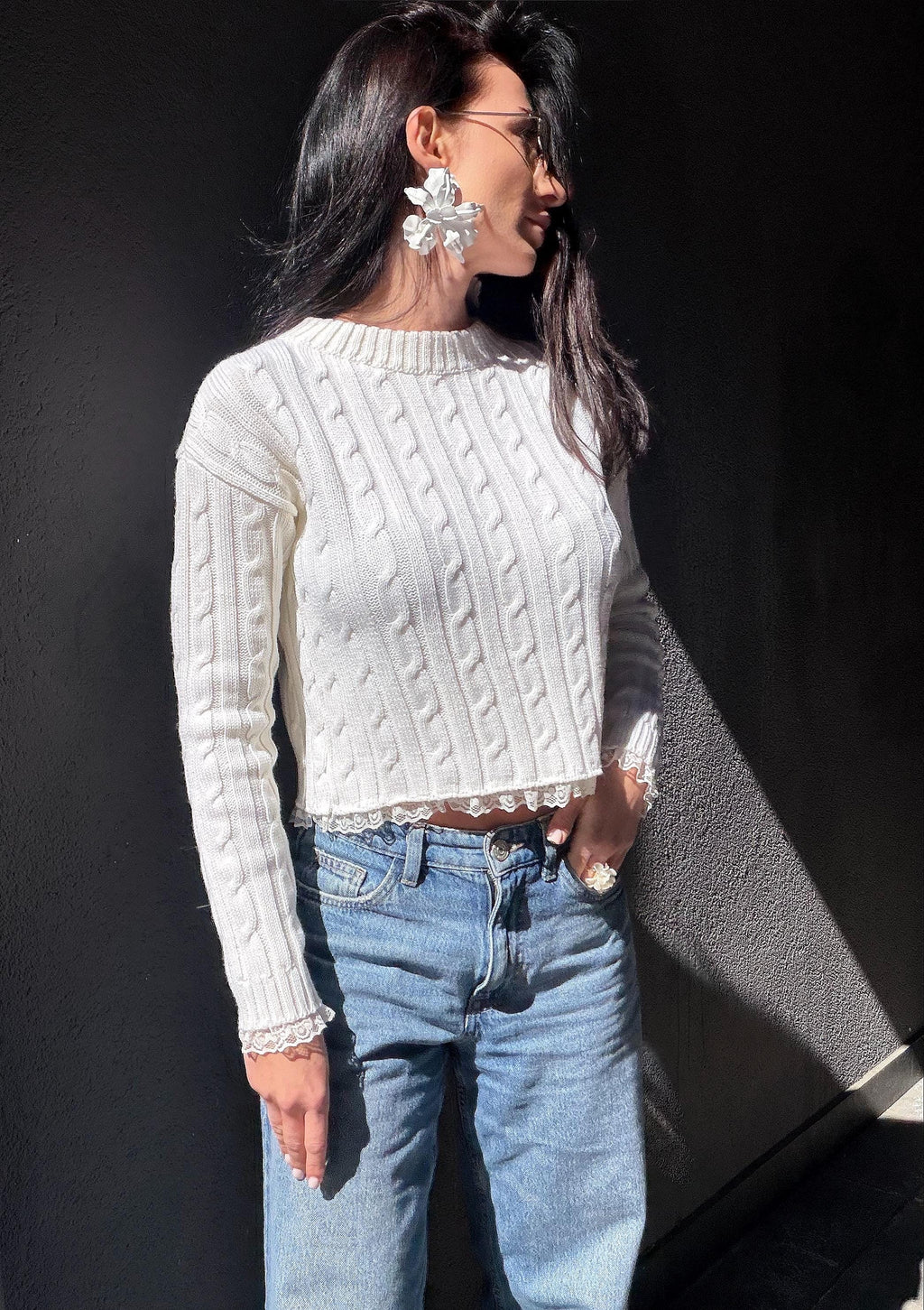 Knit cropped white milk sweater - top with slit on the back & delicate lace Cable knit wool spring pullover Oversize crop Cream Ivory