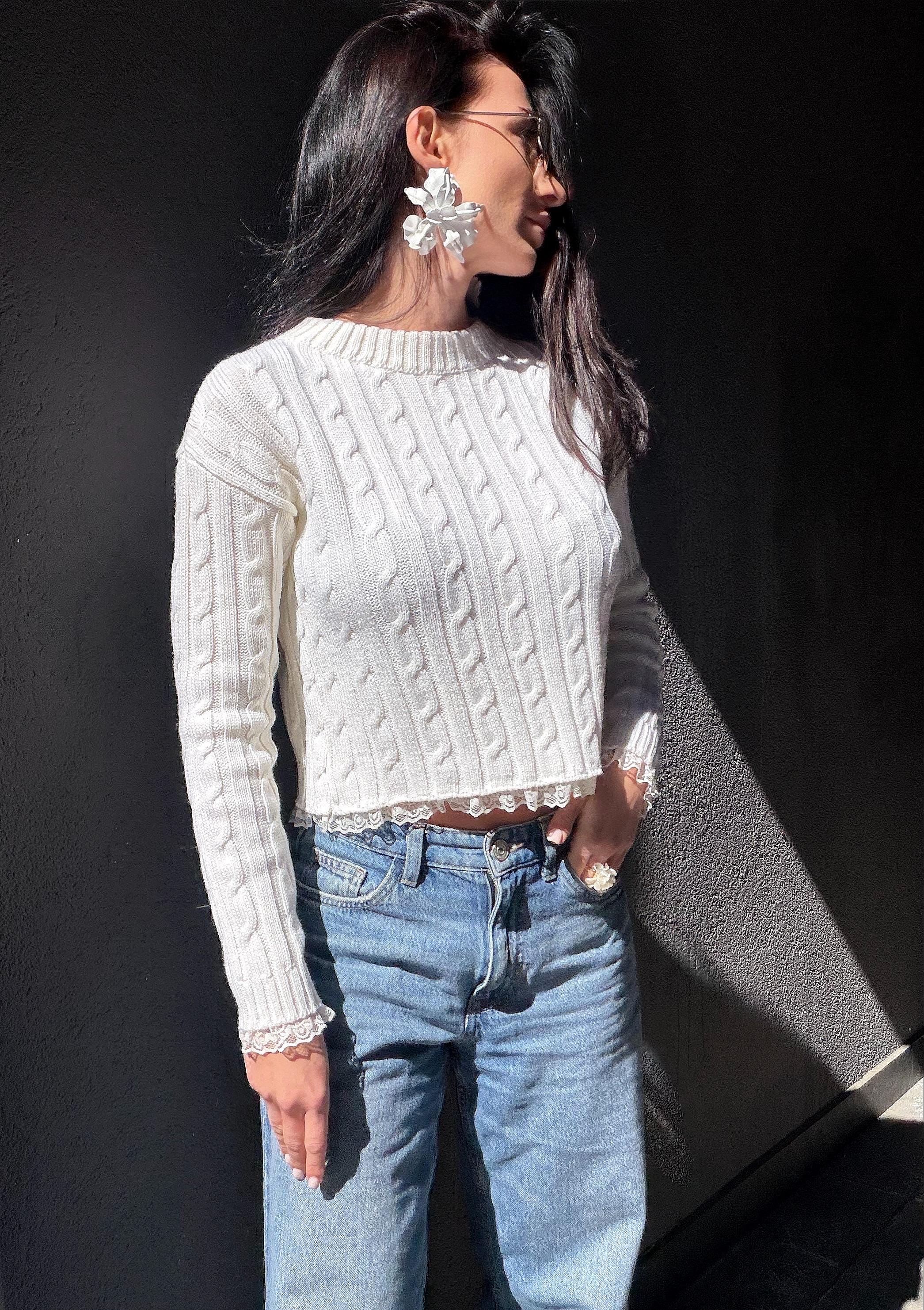 Knit cropped white milk sweater - top with slit on the back & delicate lace Cable knit wool spring pullover Oversize crop Cream Ivory