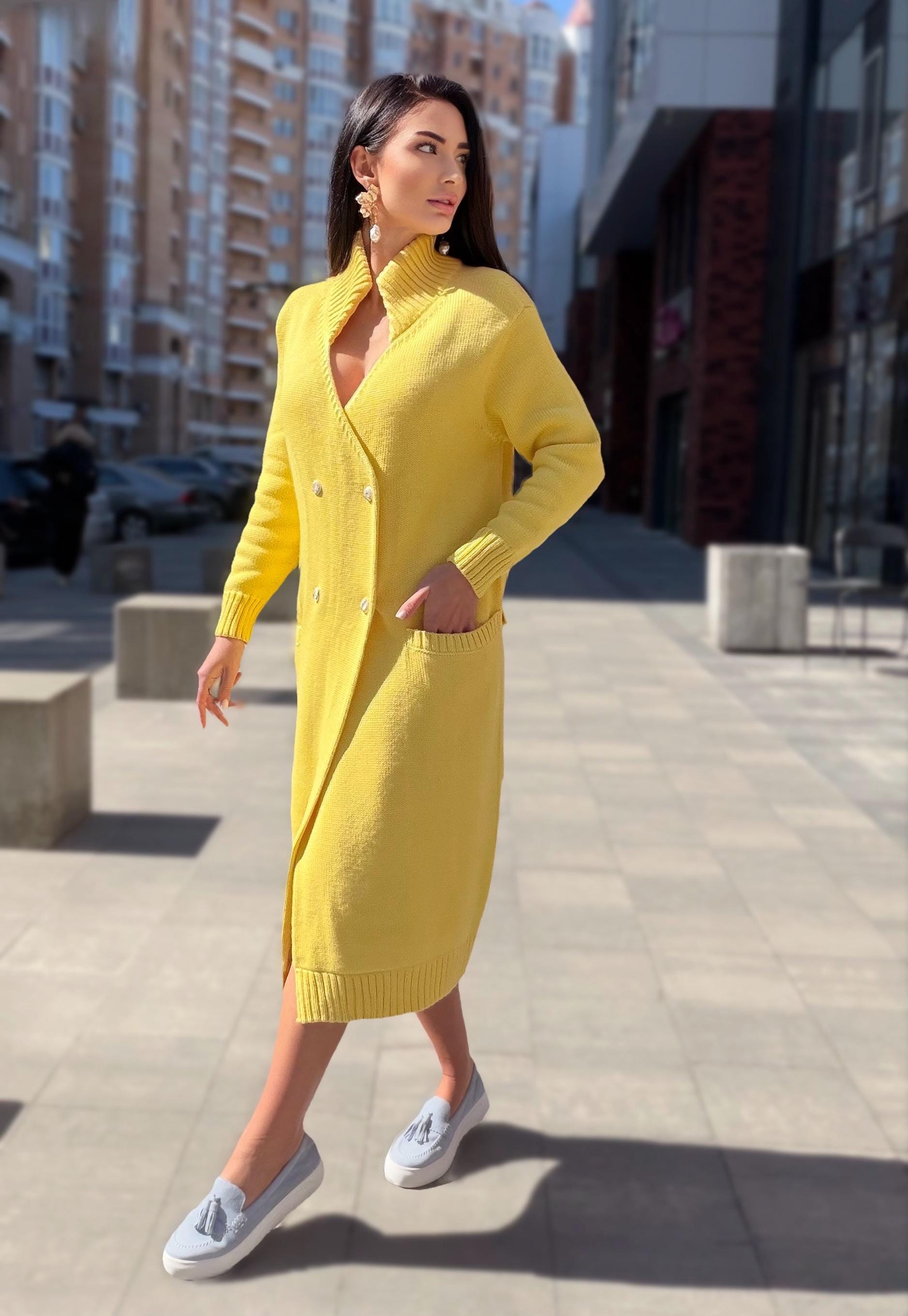 Hand knit Yellow midi wool knit large cardigan - turtleneck on buttons Cocoon knit midi V-neck high collar coat hand knit cardigan womens