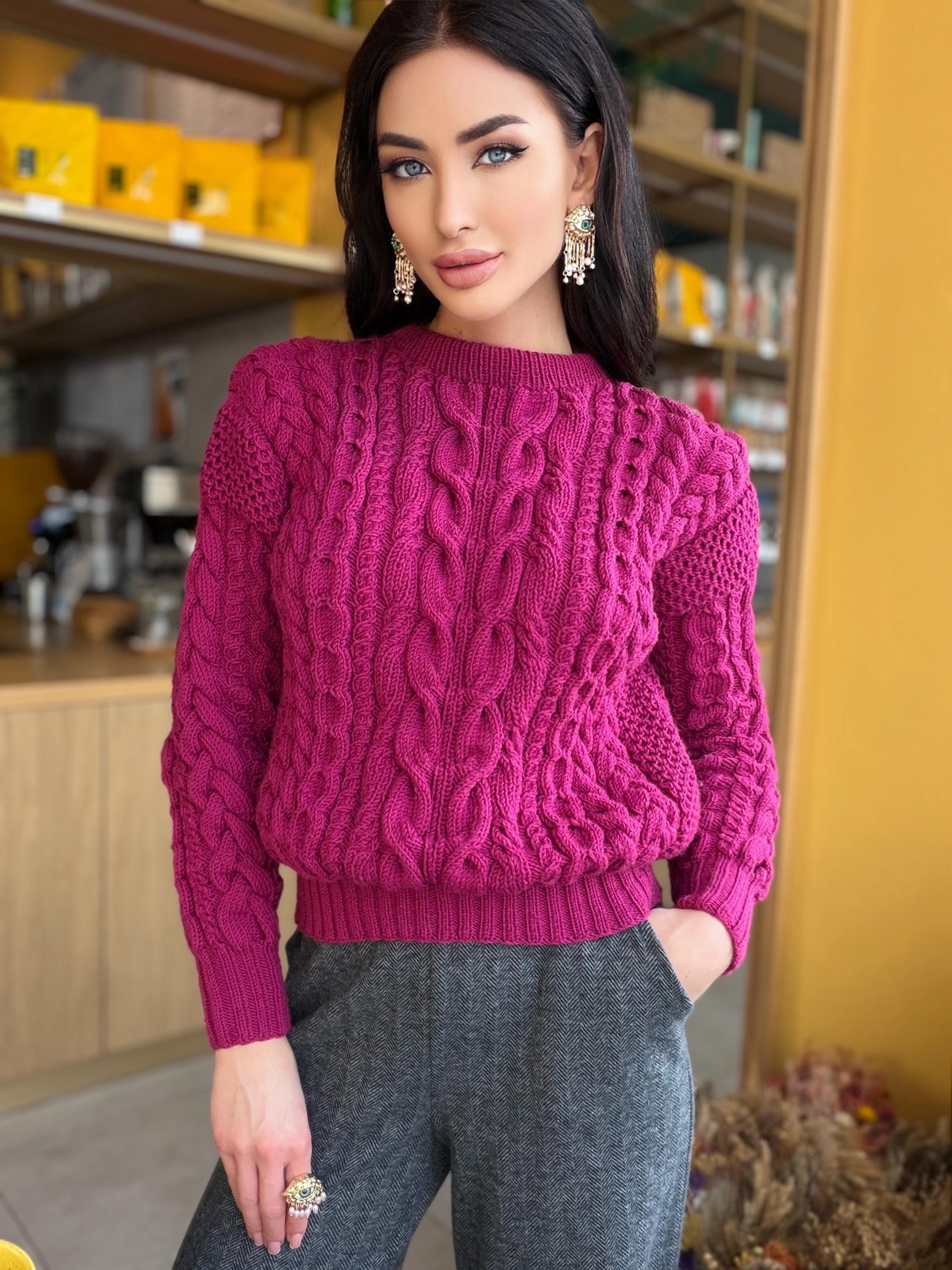 One Of A Kind Crop Hand knit Sweater Ready To Ship Fuchsia Cable Knit Sweater Chunky Pink Sweater Handmade Wool Pullover Ships In 1-2 Days