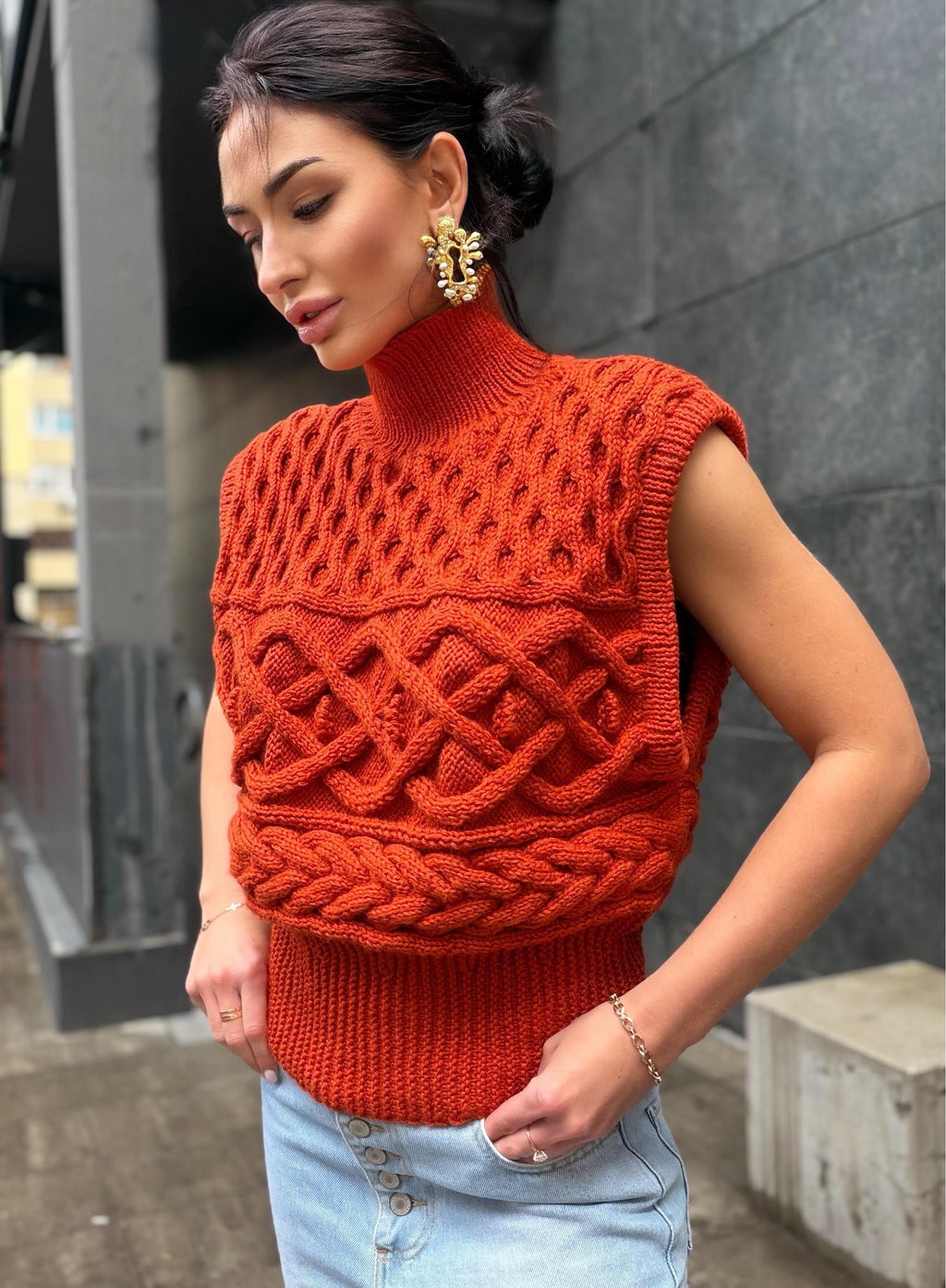 Custom order wool sweater vest Chunky orange hand knit Sweater vest women Cable knit sweater office clothing Sleeveless Crew neck knit vest