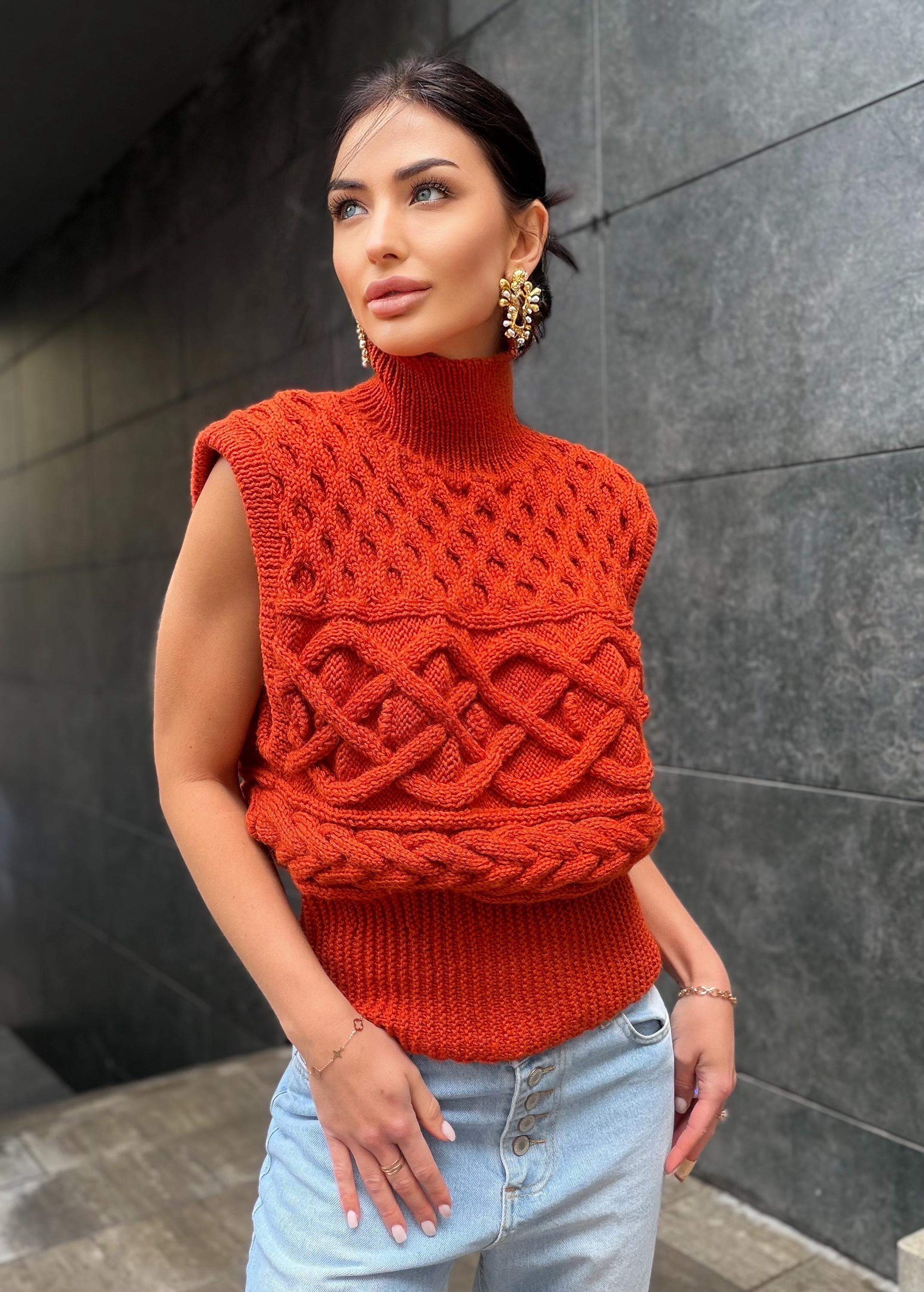 Custom order wool sweater vest Chunky orange hand knit Sweater vest women Cable knit sweater office clothing Sleeveless Crew neck knit vest