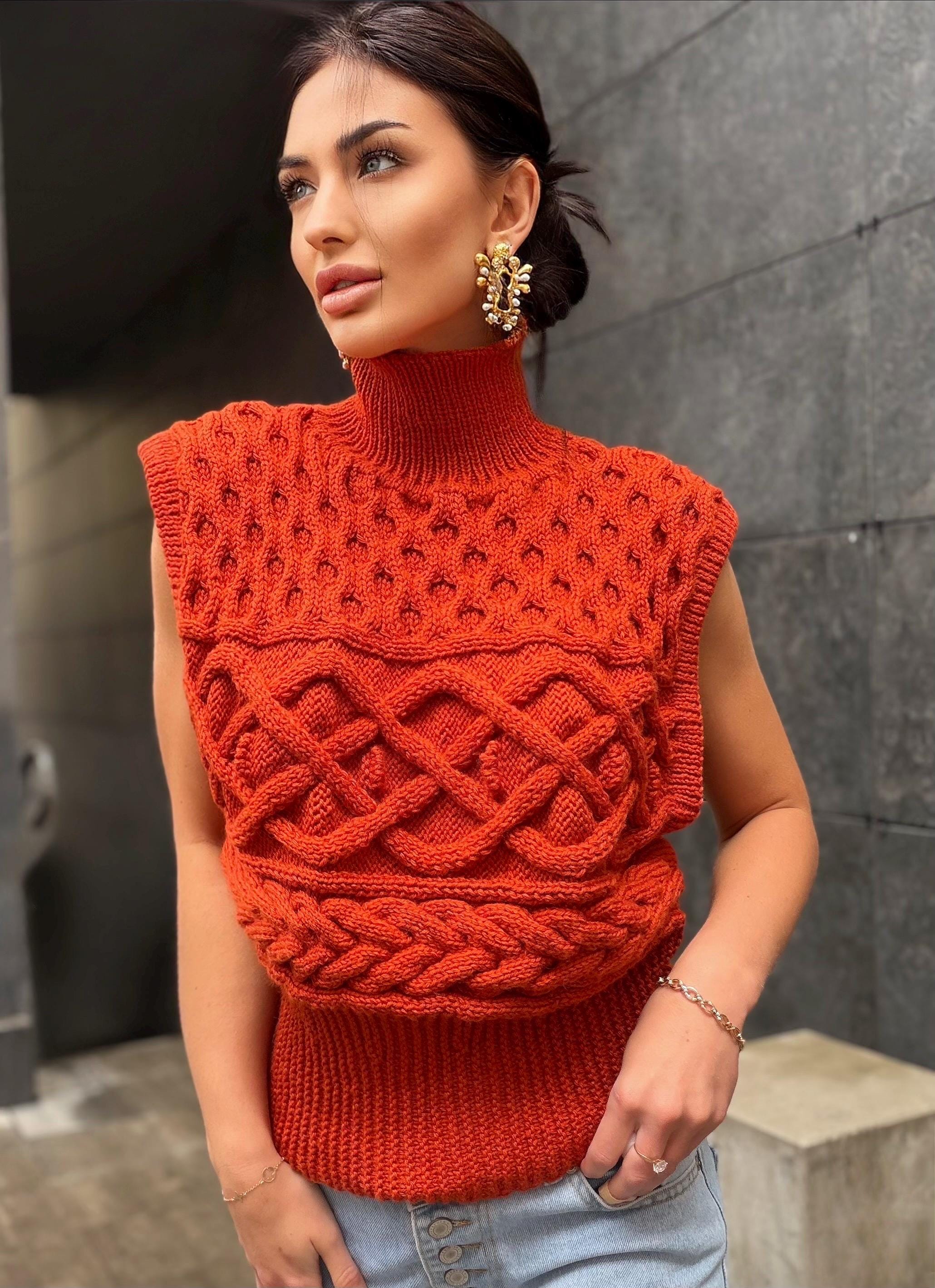 Custom order wool sweater vest Chunky orange hand knit Sweater vest women Cable knit sweater office clothing Sleeveless Crew neck knit vest