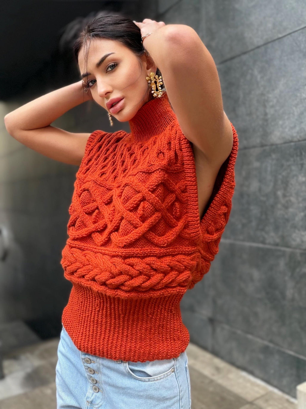 Custom order wool sweater vest Chunky orange hand knit Sweater vest women Cable knit sweater office clothing Sleeveless Crew neck knit vest