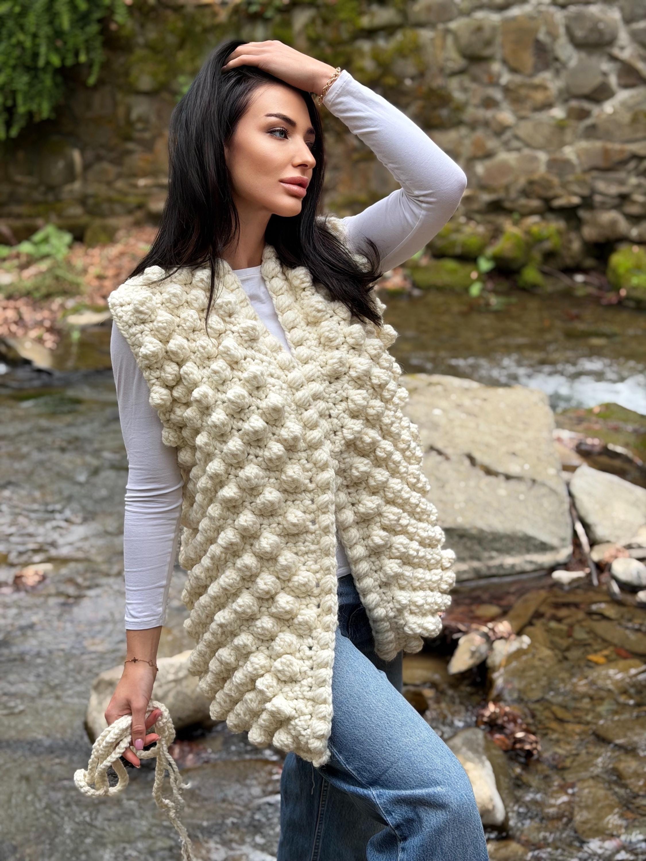 Chunky alpaca wool crochet vest handmade belted vest milk white knitwear textured women vest cozy statement piece