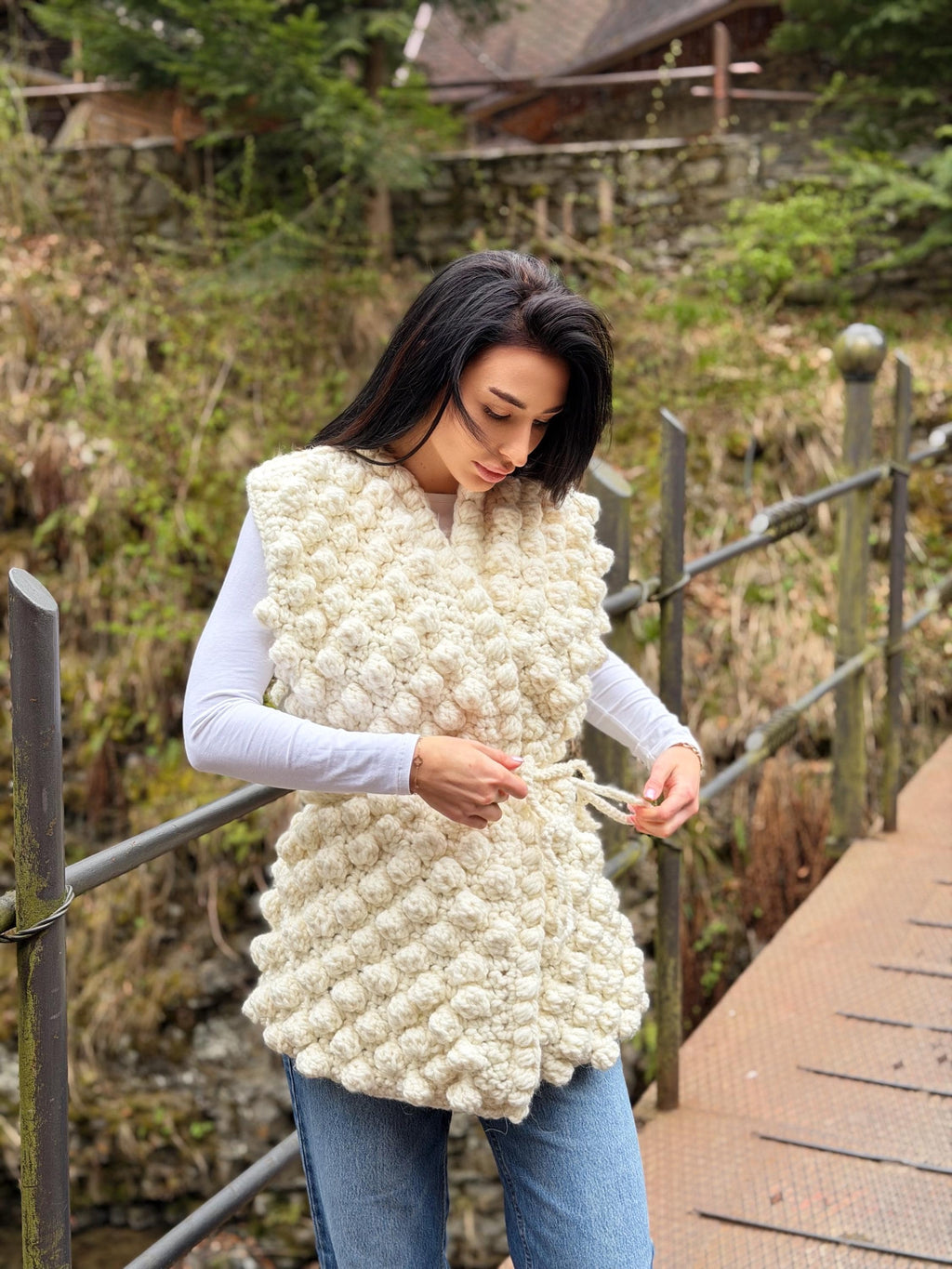 Chunky alpaca wool crochet vest handmade belted vest milk white knitwear textured women vest cozy statement piece