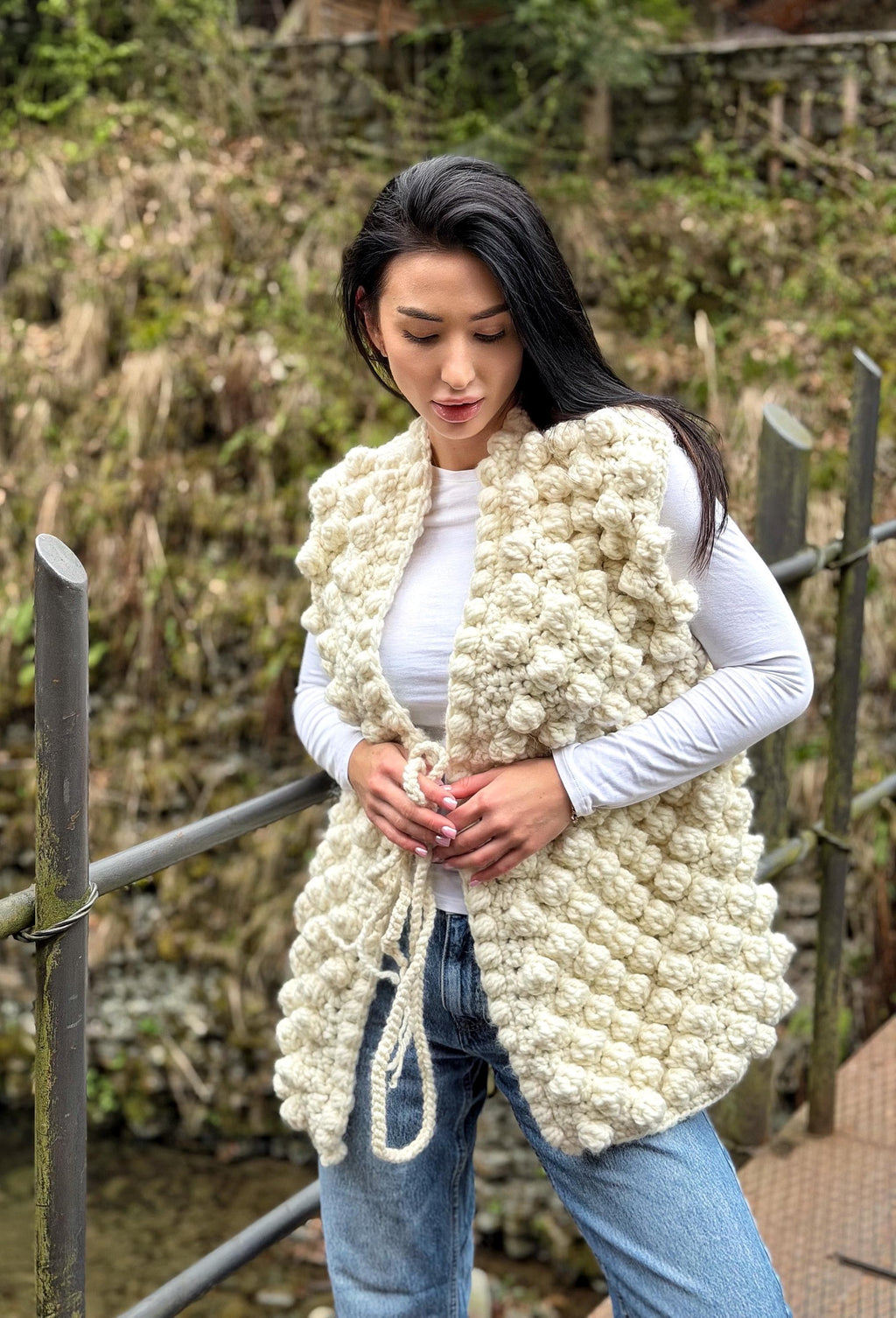 Chunky alpaca wool crochet vest handmade belted vest milk white knitwear textured women vest cozy statement piece