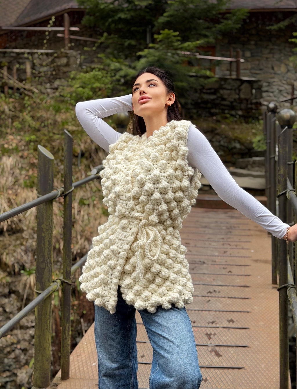 Chunky alpaca wool crochet vest handmade belted vest milk white knitwear textured women vest cozy statement piece