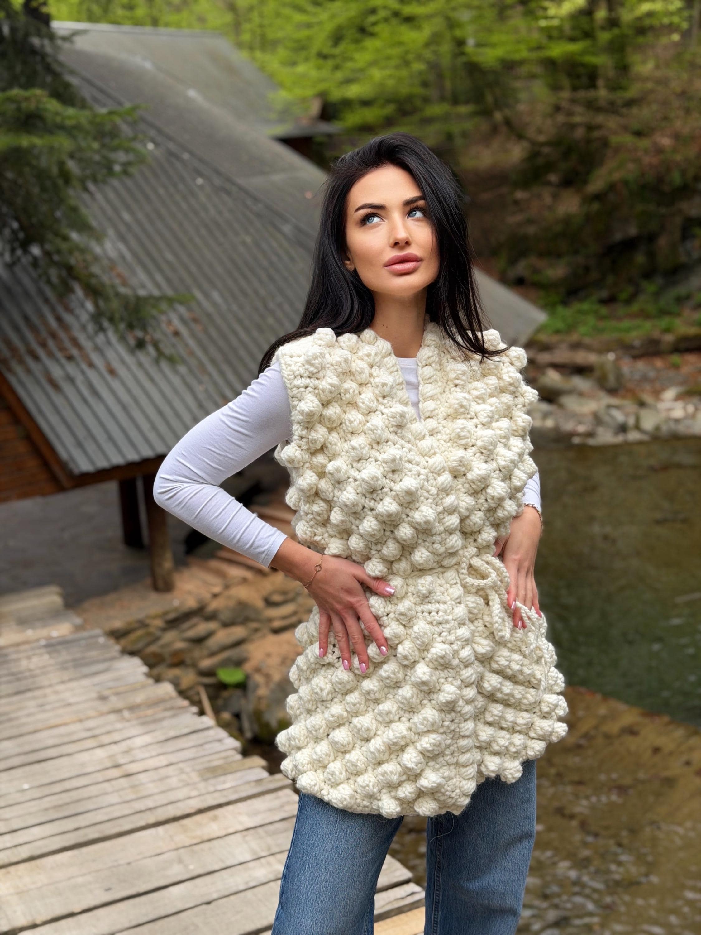 Chunky alpaca wool crochet vest handmade belted vest milk white knitwear textured women vest cozy statement piece