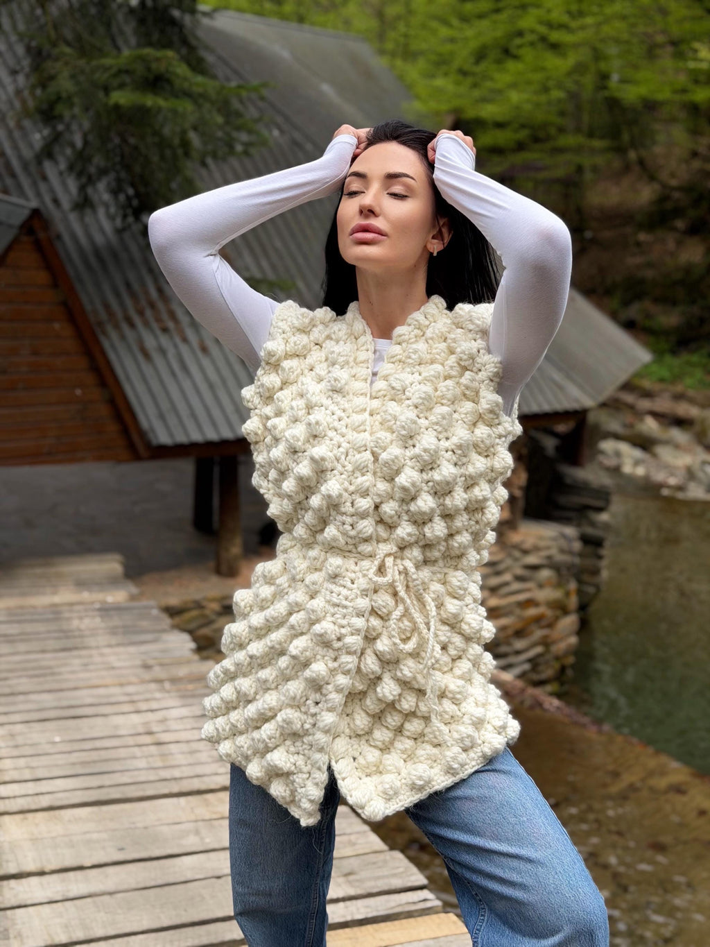 Chunky alpaca wool crochet vest handmade belted vest milk white knitwear textured women vest cozy statement piece