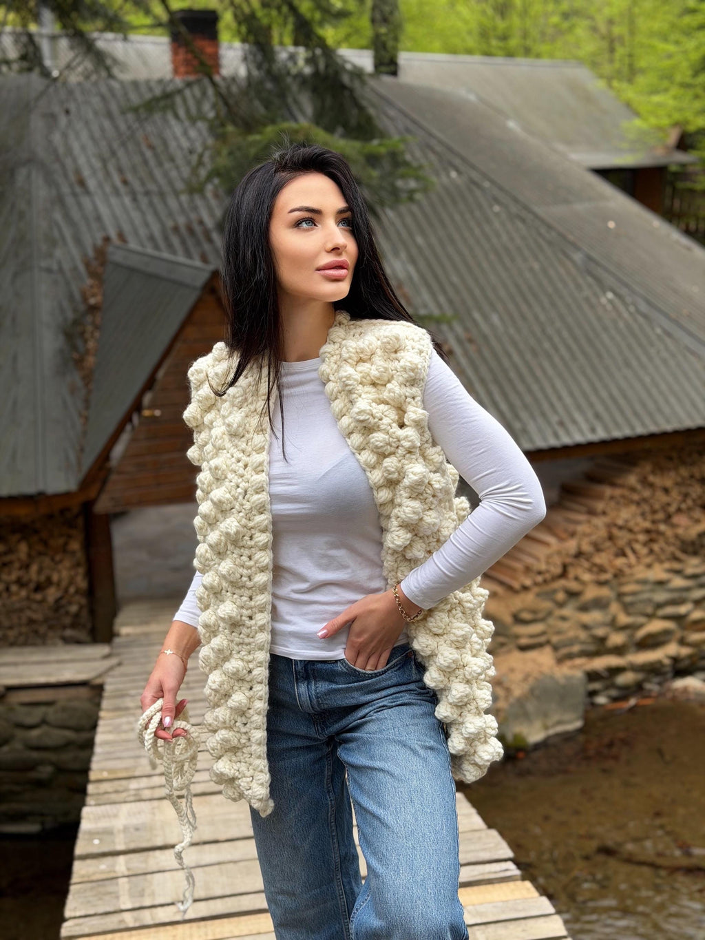Chunky alpaca wool crochet vest handmade belted vest milk white knitwear textured women vest cozy statement piece