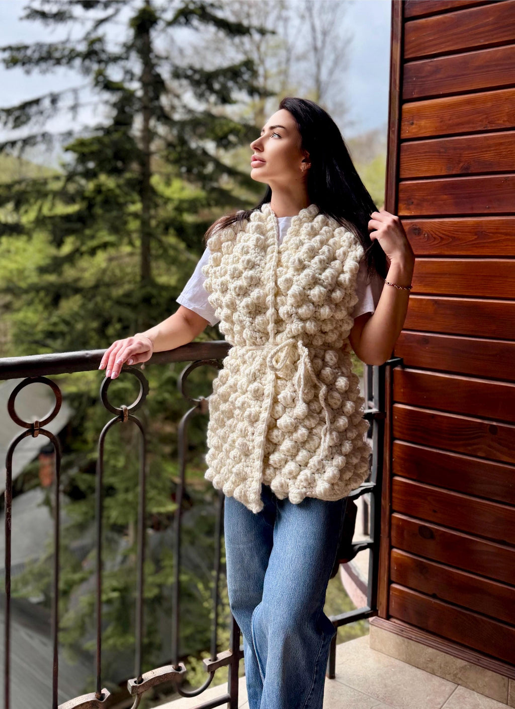 Chunky alpaca wool crochet vest handmade belted vest milk white knitwear textured women vest cozy statement piece