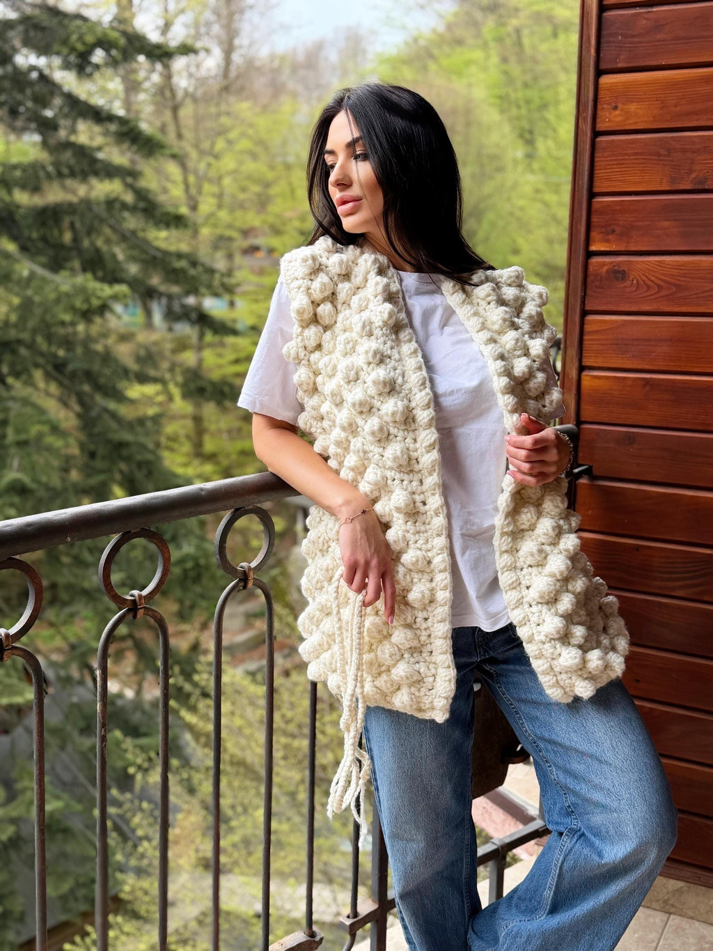 Chunky alpaca wool crochet vest handmade belted vest milk white knitwear textured women vest cozy statement piece