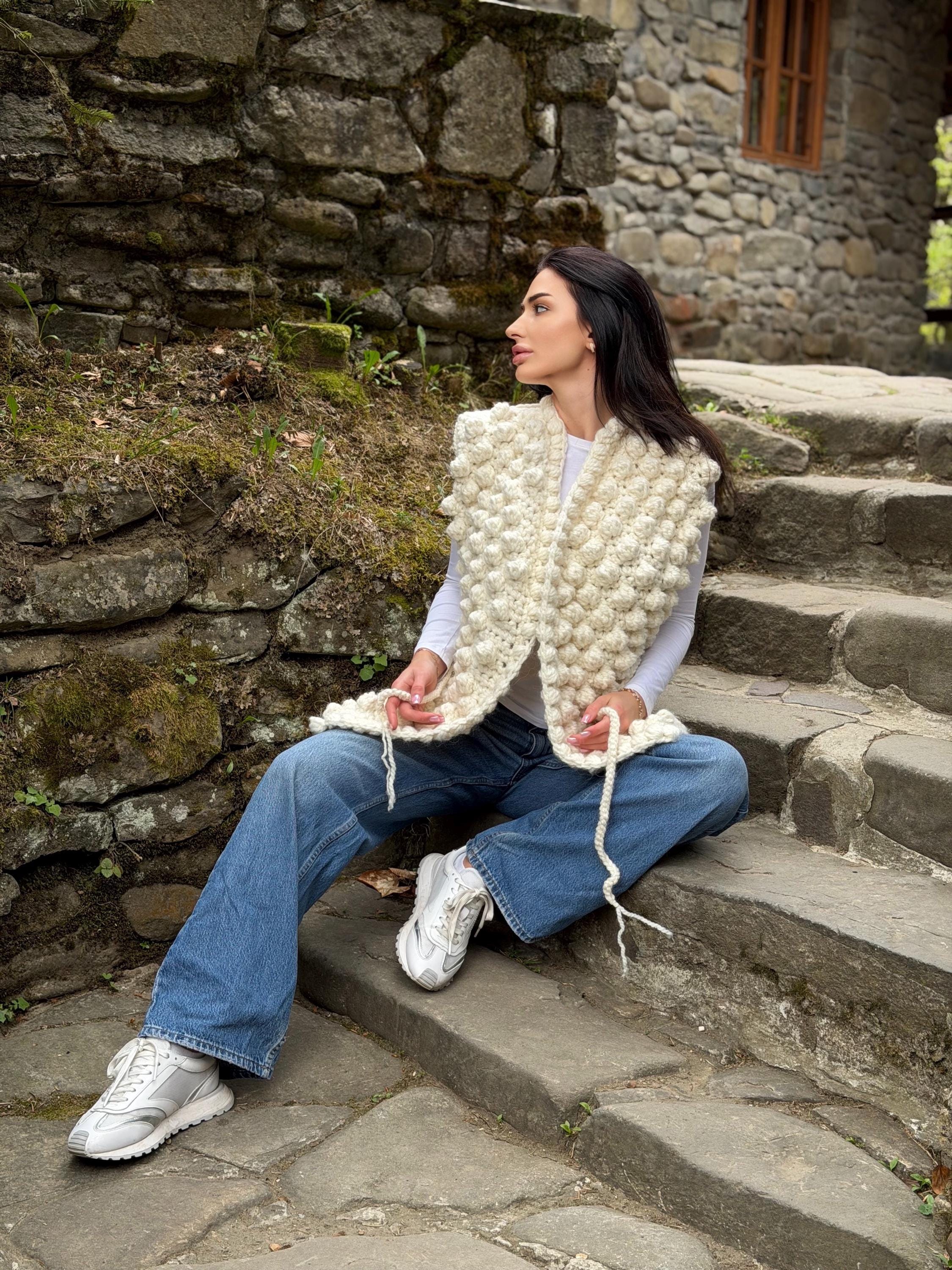 Chunky alpaca wool crochet vest handmade belted vest milk white knitwear textured women vest cozy statement piece