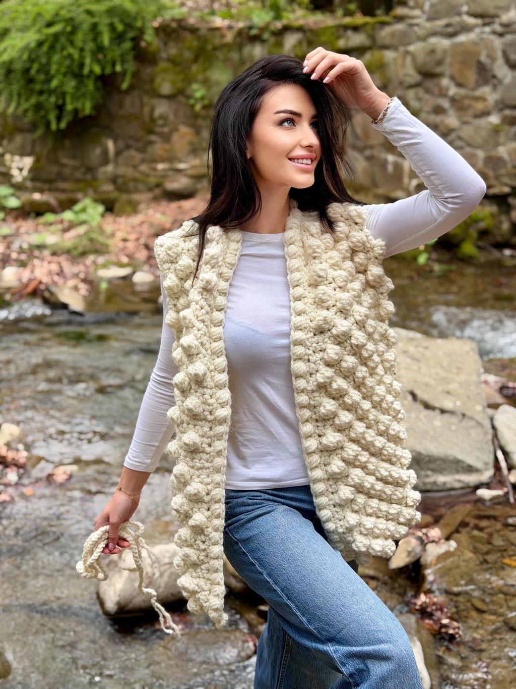 Chunky alpaca wool crochet vest handmade belted vest milk white knitwear textured women vest cozy statement piece
