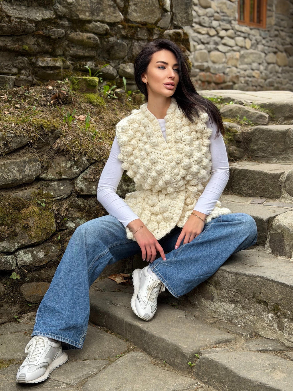 Chunky alpaca wool crochet vest handmade belted vest milk white knitwear textured women vest cozy statement piece