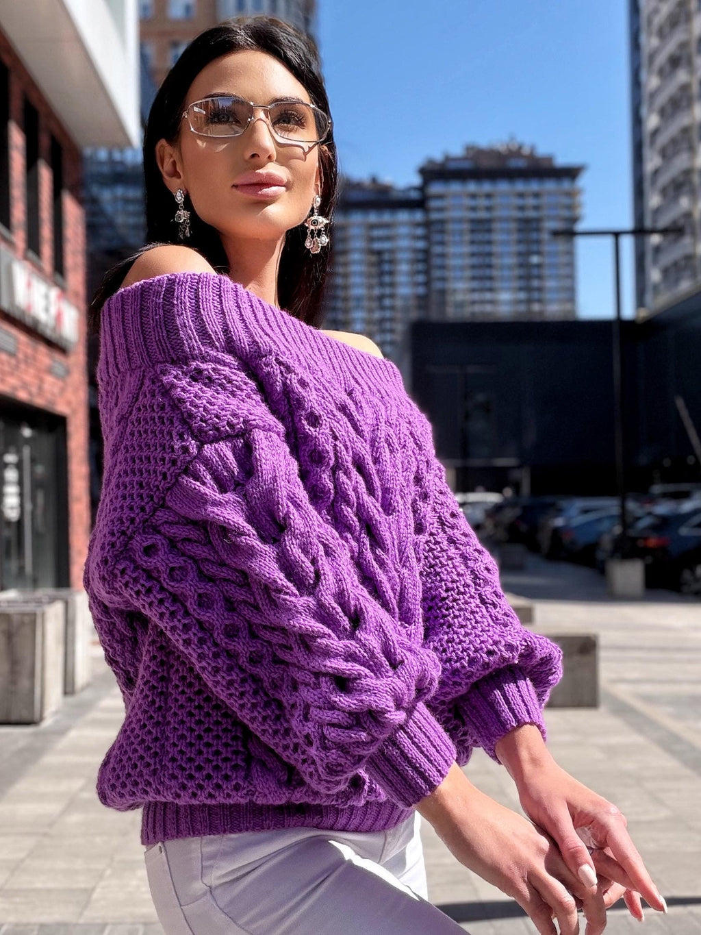 Hand knit violet wool cotton off shoulders sweater Lavender knitted pullover Purple Oversized sweater Cable knit Chunky Loose knit sweater