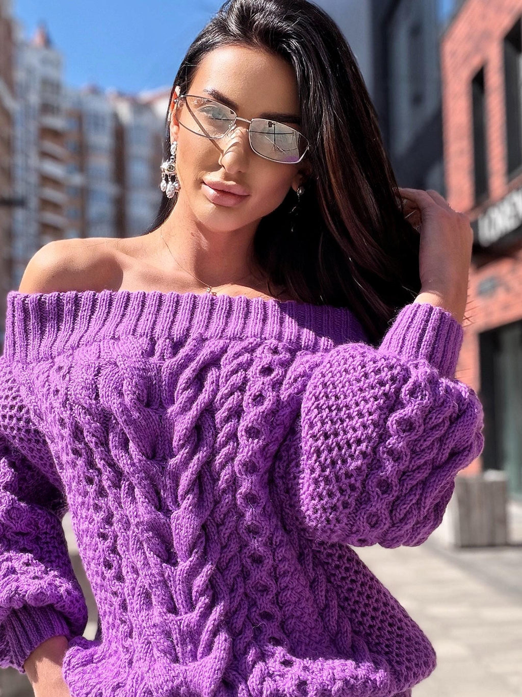 Hand knit violet wool cotton off shoulders sweater Lavender knitted pullover Purple Oversized sweater Cable knit Chunky Loose knit sweater
