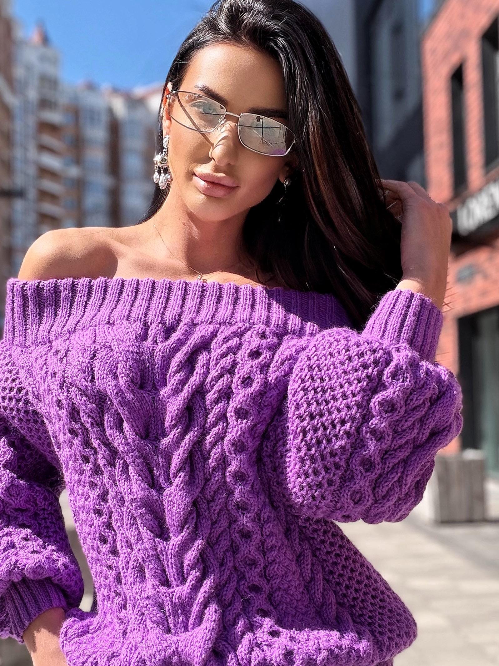 Hand knit violet wool cotton off shoulders sweater Lavender knitted pullover Purple Oversized sweater Cable knit Chunky Loose knit sweater