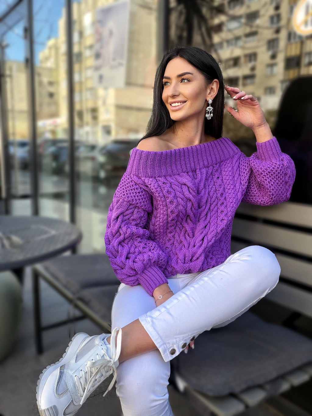 Hand knit violet wool cotton off shoulders sweater Lavender knitted pullover Purple Oversized sweater Cable knit Chunky Loose knit sweater