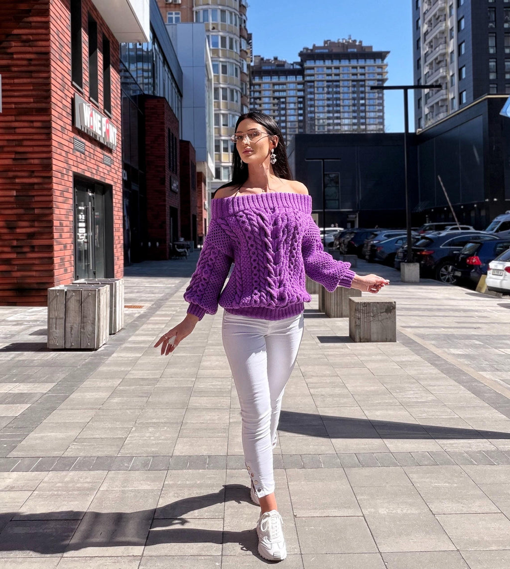 Hand knit violet wool cotton off shoulders sweater Lavender knitted pullover Purple Oversized sweater Cable knit Chunky Loose knit sweater