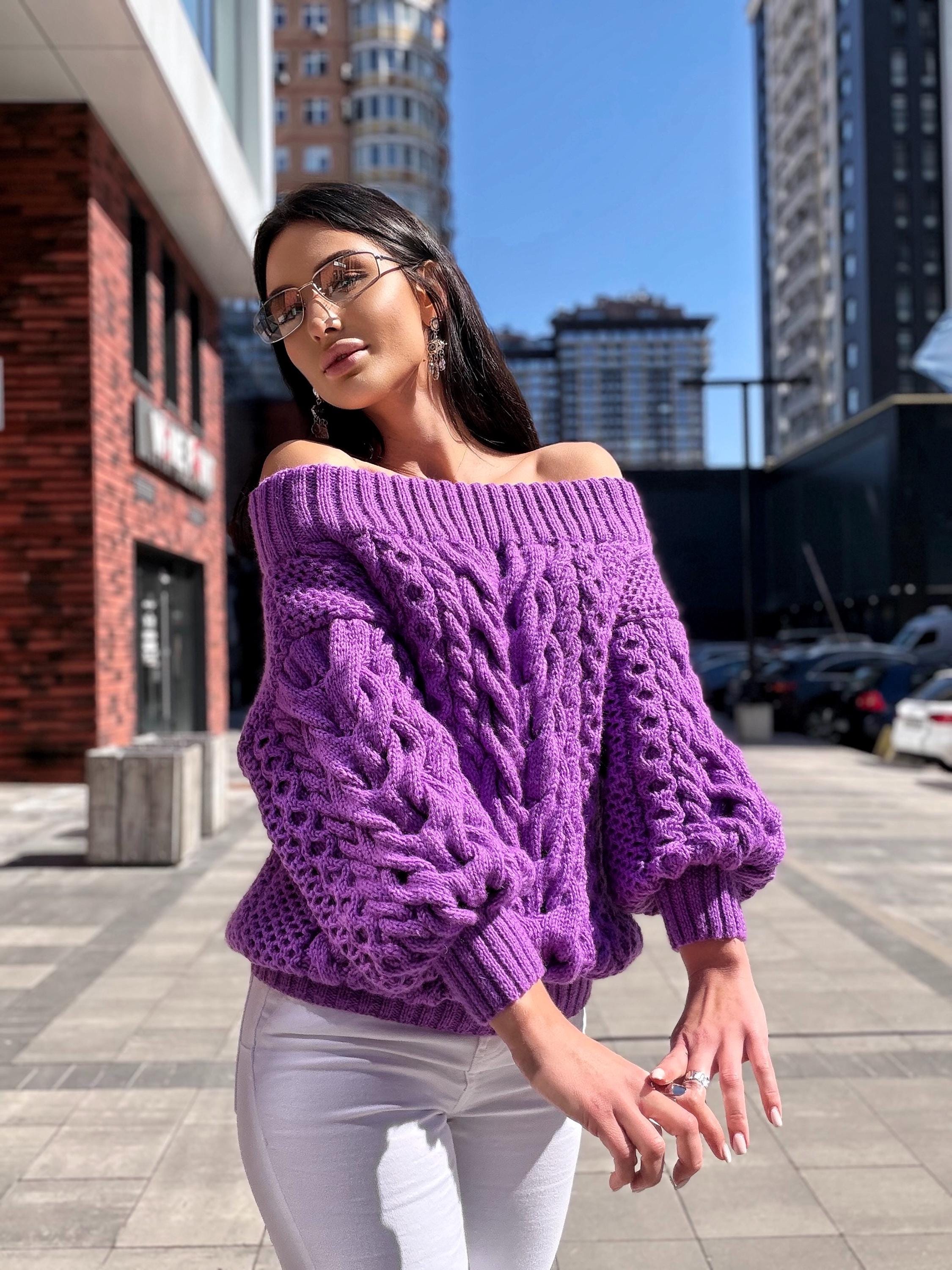 Hand knit violet wool cotton off shoulders sweater Lavender knitted pullover Purple Oversized sweater Cable knit Chunky Loose knit sweater