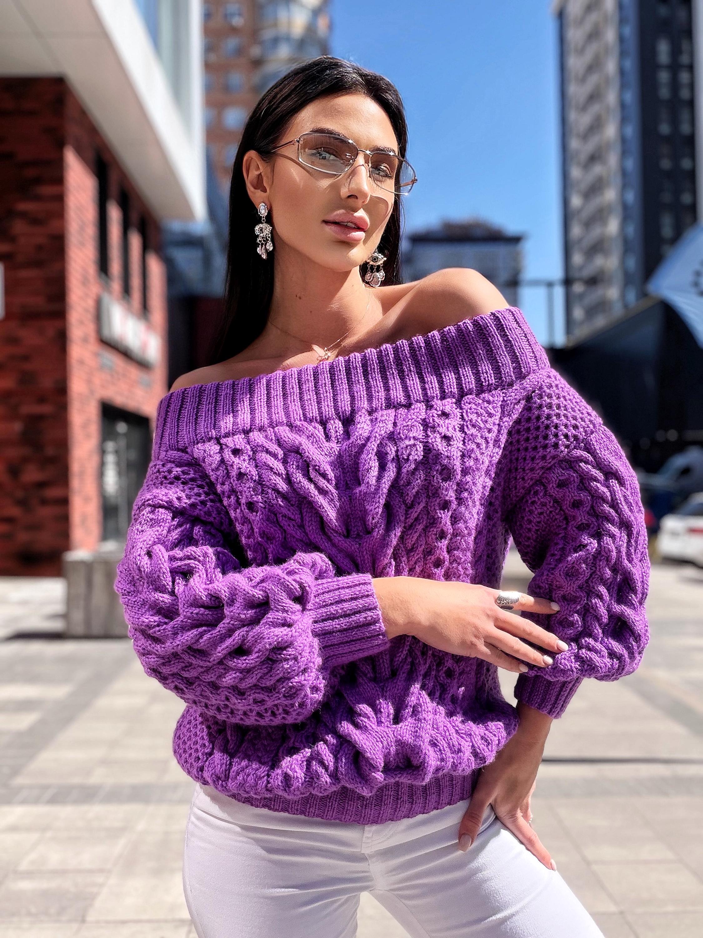 Hand knit violet wool cotton off shoulders sweater Lavender knitted pullover Purple Oversized sweater Cable knit Chunky Loose knit sweater