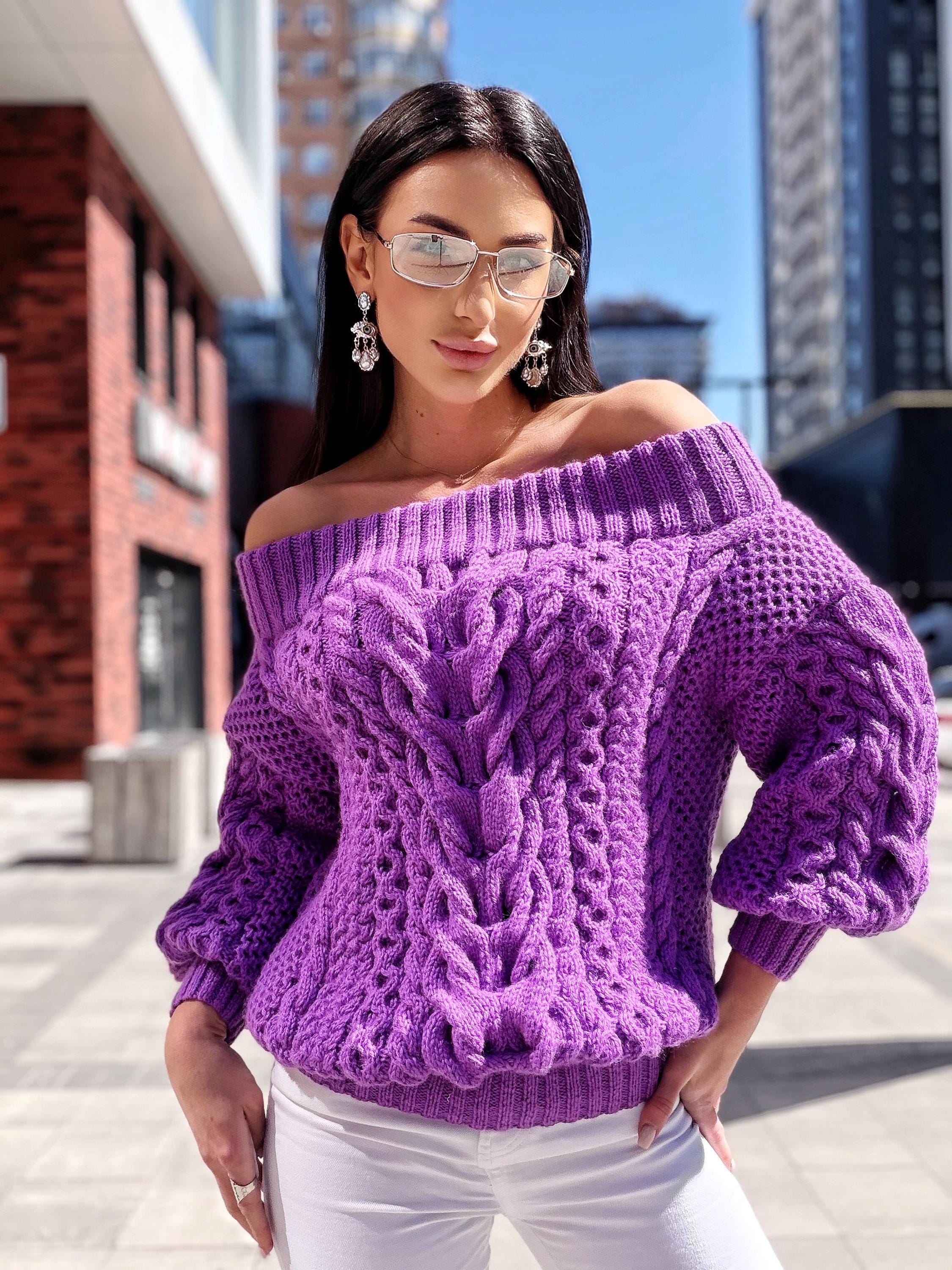Hand knit violet wool cotton off shoulders sweater Lavender knitted pullover Purple Oversized sweater Cable knit Chunky Loose knit sweater