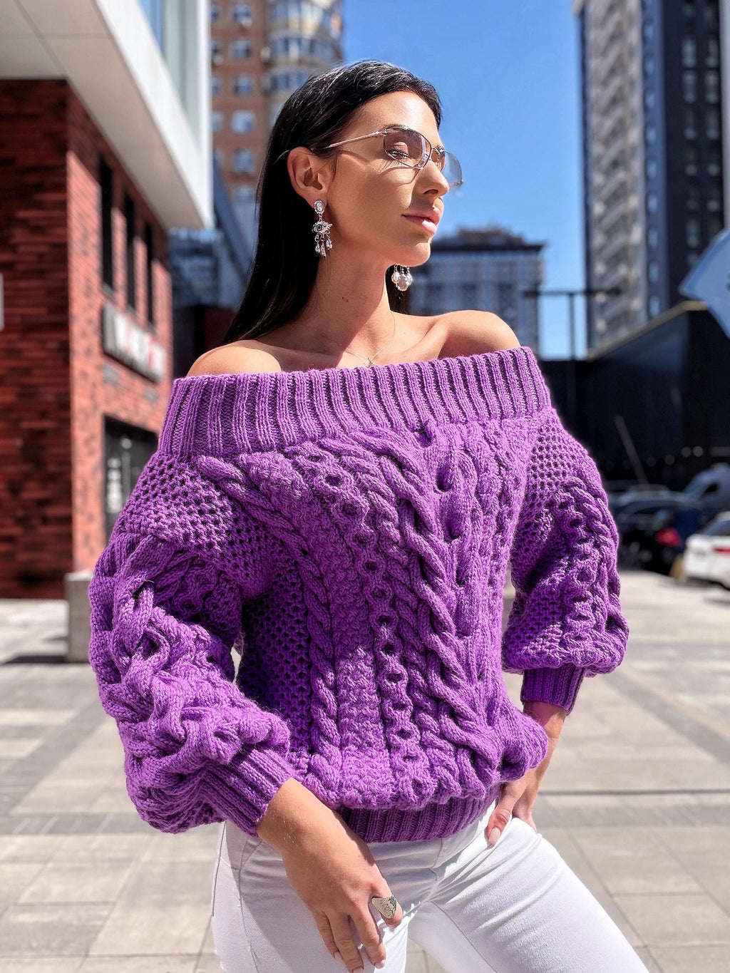 Hand knit violet wool cotton off shoulders sweater Lavender knitted pullover Purple Oversized sweater Cable knit Chunky Loose knit sweater